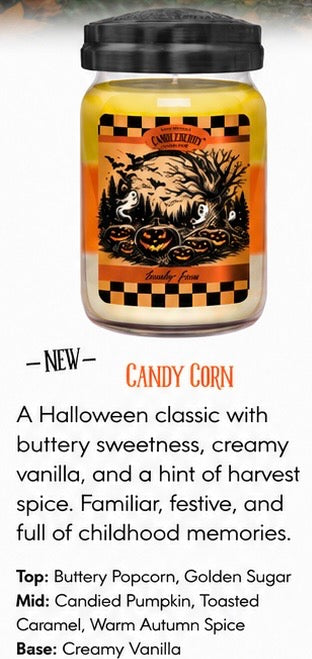 A jar candle labeled 'Candy Corn' by Candle Fields, featuring a black lid, yellow wax, and an orange Halloween-themed label with jack-o'-lanterns and ghosts, shown with product description text below on a white background.