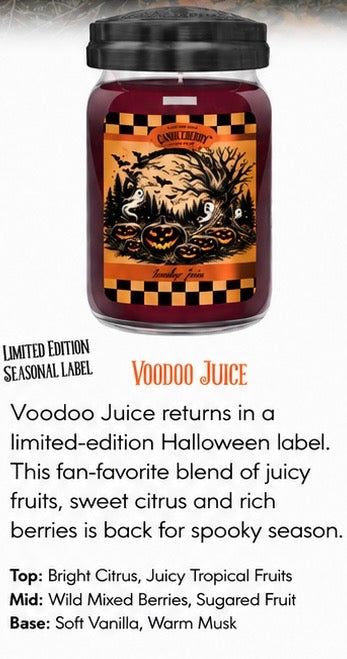 A jar candle with a black lid and a Halloween-themed label reading 'Voodoo Juice,' shown above a block of product text on a white background. The candle wax appears dark red-burgundy, and the label features orange, black, and cream Halloween graphics with bats, pumpkins, and a moon.