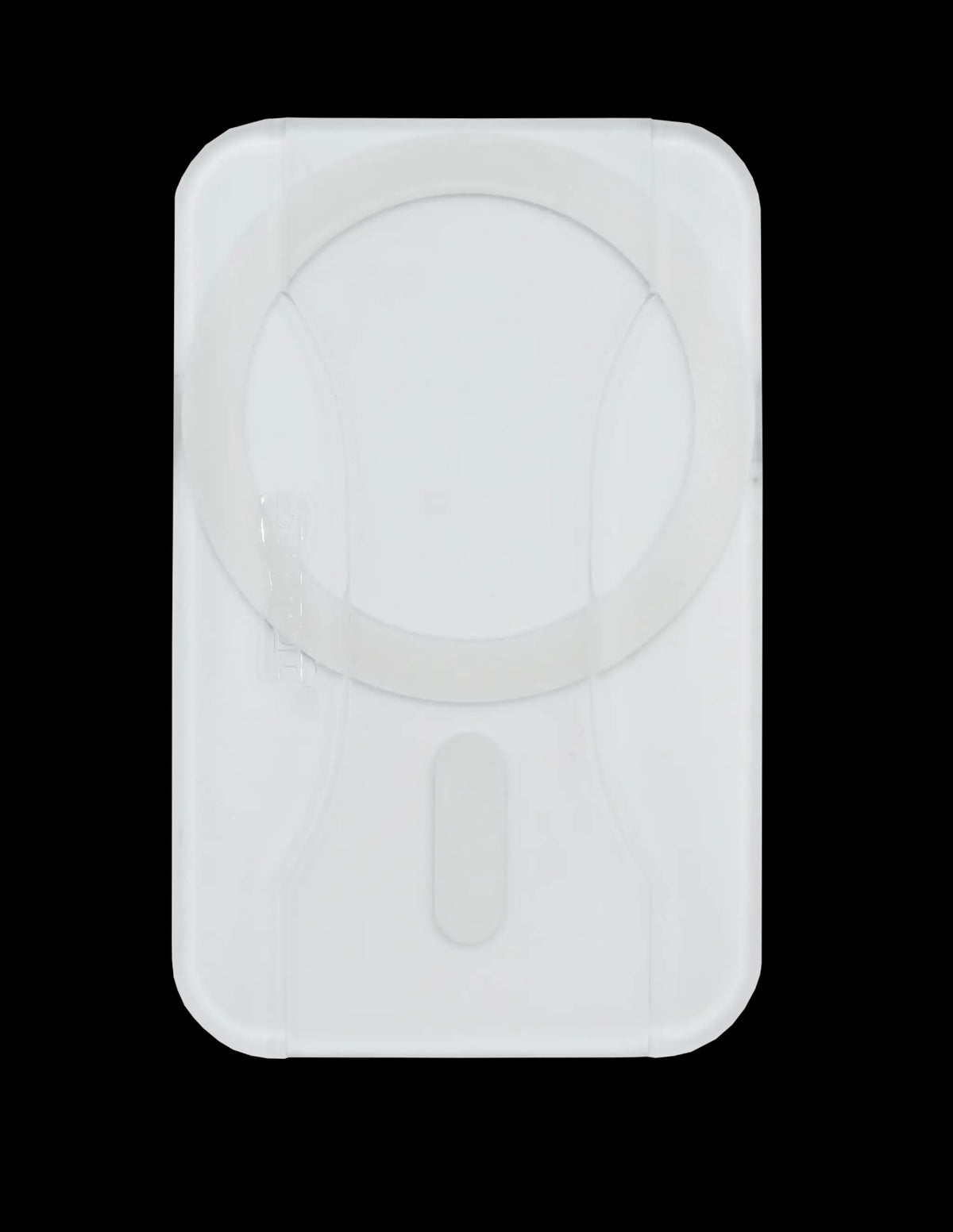 A clear, transparent protective cover with rounded corners and a circular MagSafe-compatible ring design, shown on a solid black background.