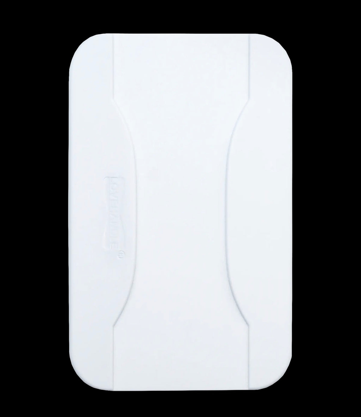 A white rectangular adhesive pad with rounded corners and two curved indentations on the front, shown against a solid black background.