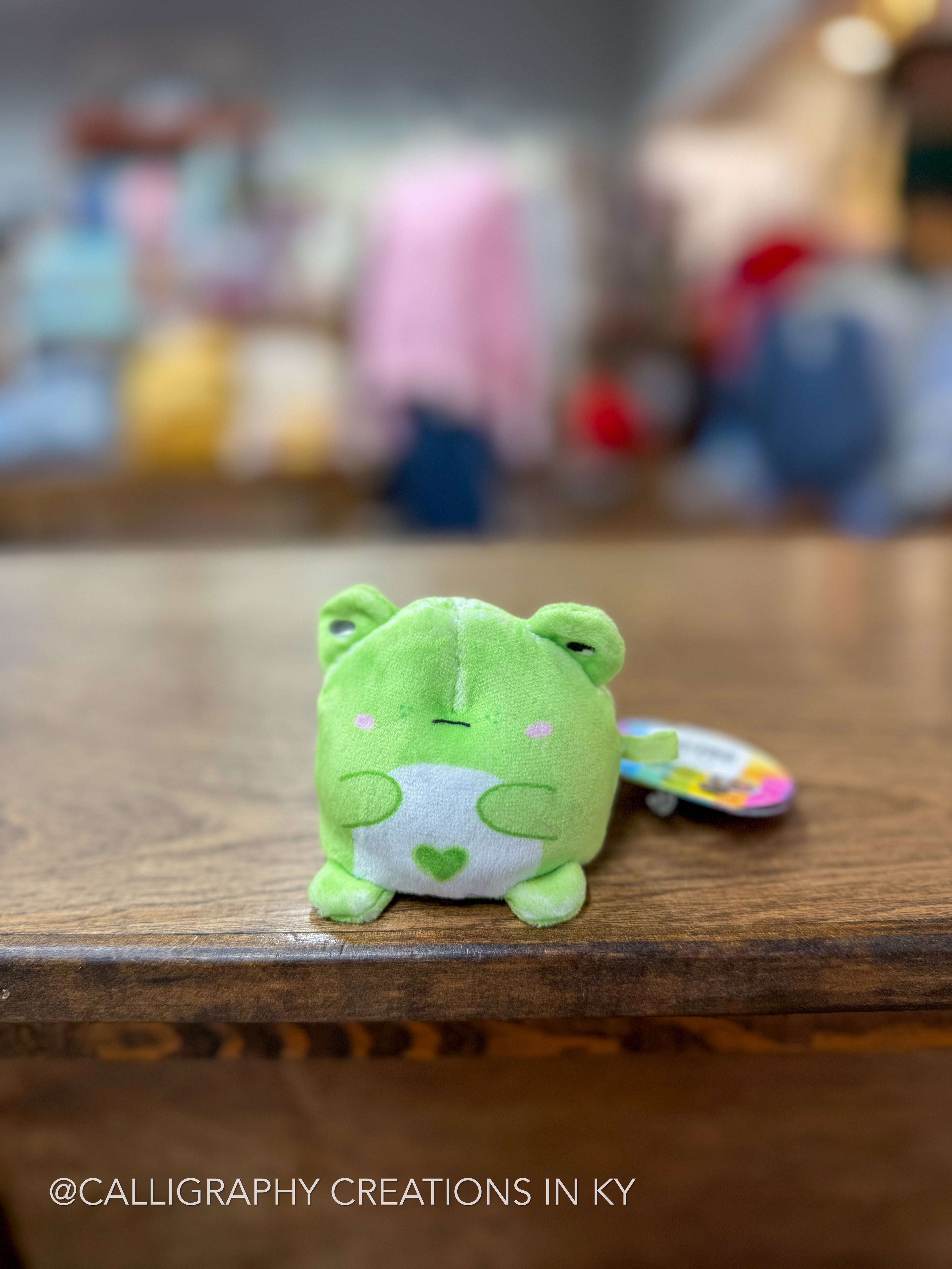 A small green plush frog toy with a white belly patch and a colorful hangtag, sitting on a wooden tabletop with a blurred shop background.