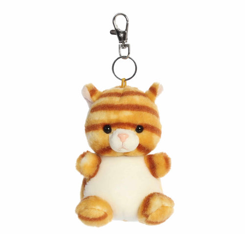 A small plush tiger keychain charm with brown and cream stripes, a white belly, and a silver metal clasp at the top, shown on a plain white background.
