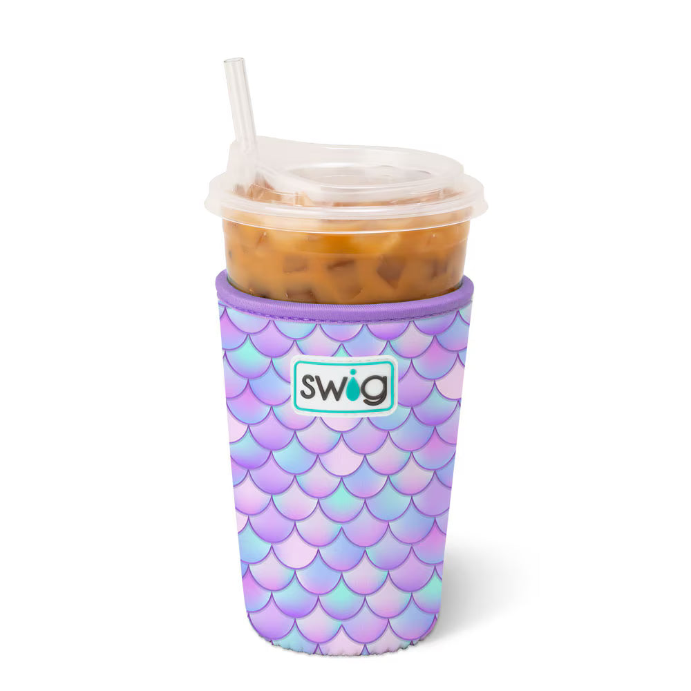 Tumbler with mermaid scale pattern and 'swig' logo on a white background