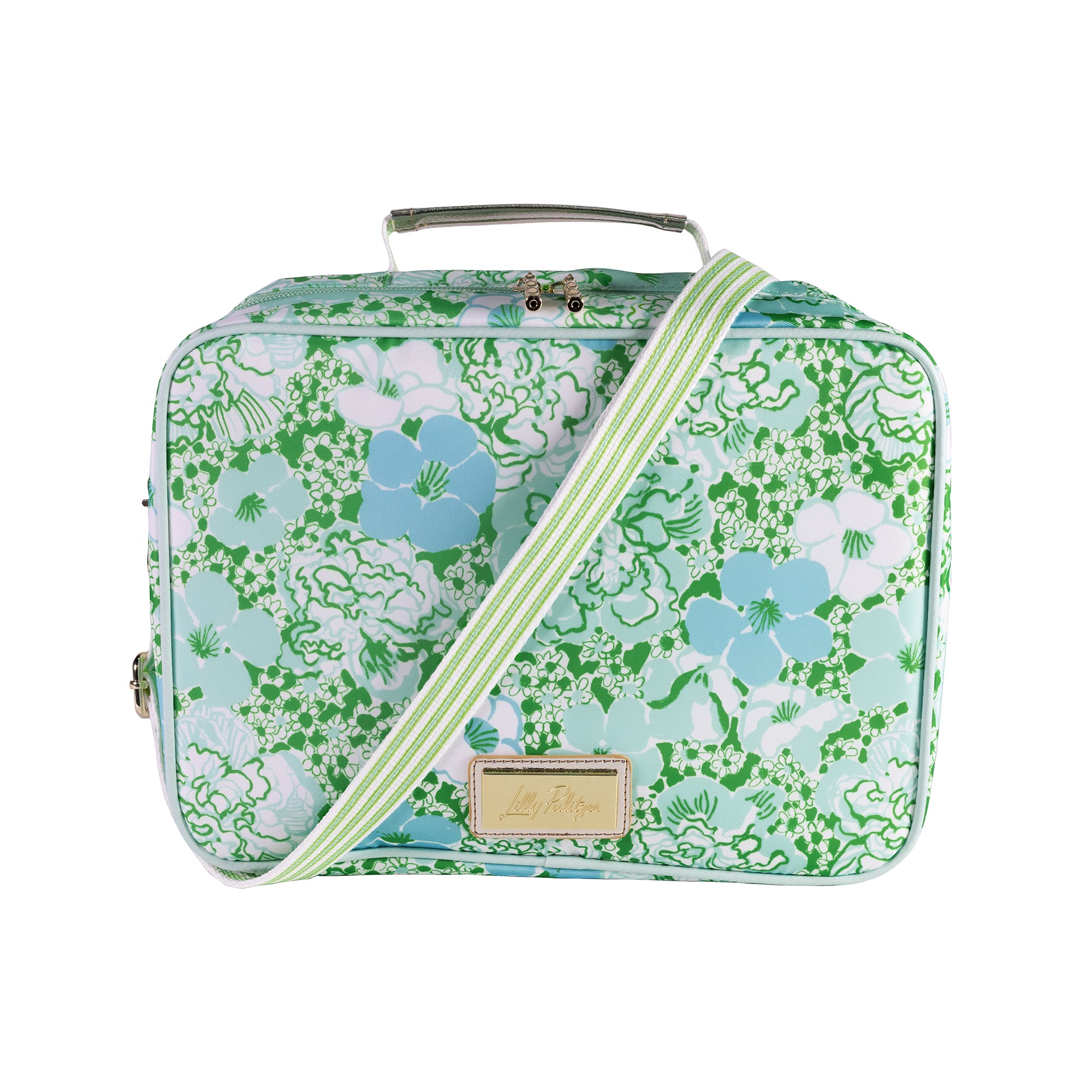 Floral patterned bag with a strap on a white background