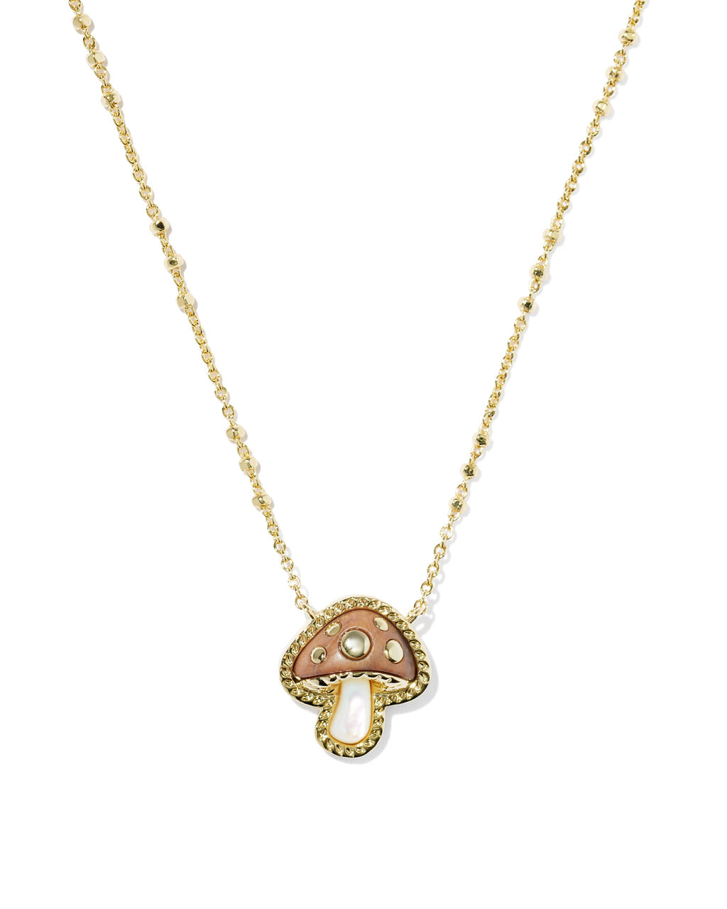 A gold chain necklace featuring a mushroom-shaped pendant with a textured gold border, a pinkish-brown enamel cap, a small white pearl, and a central clear rhinestone, shown on a plain white background.