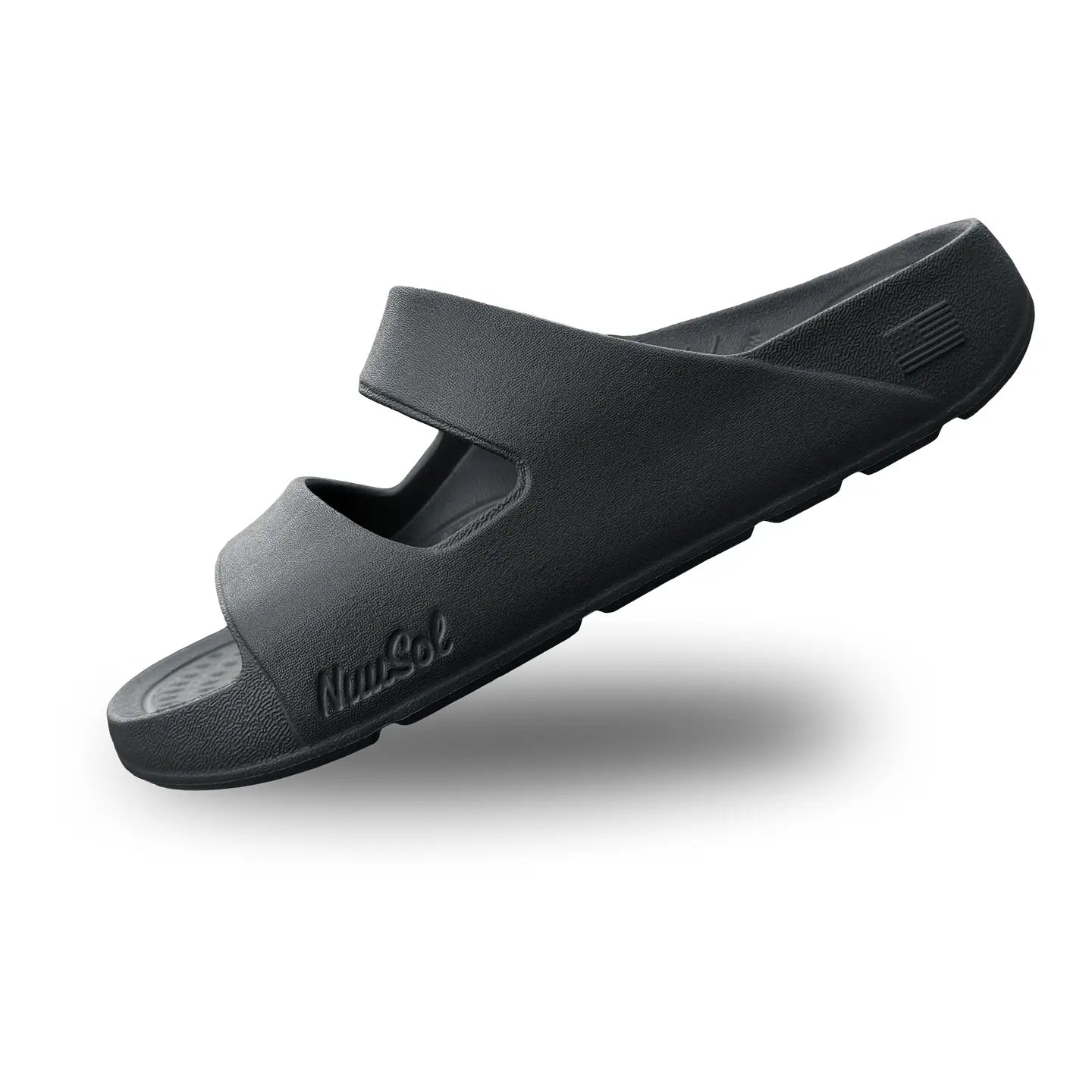 Black two strap sandal on a white background