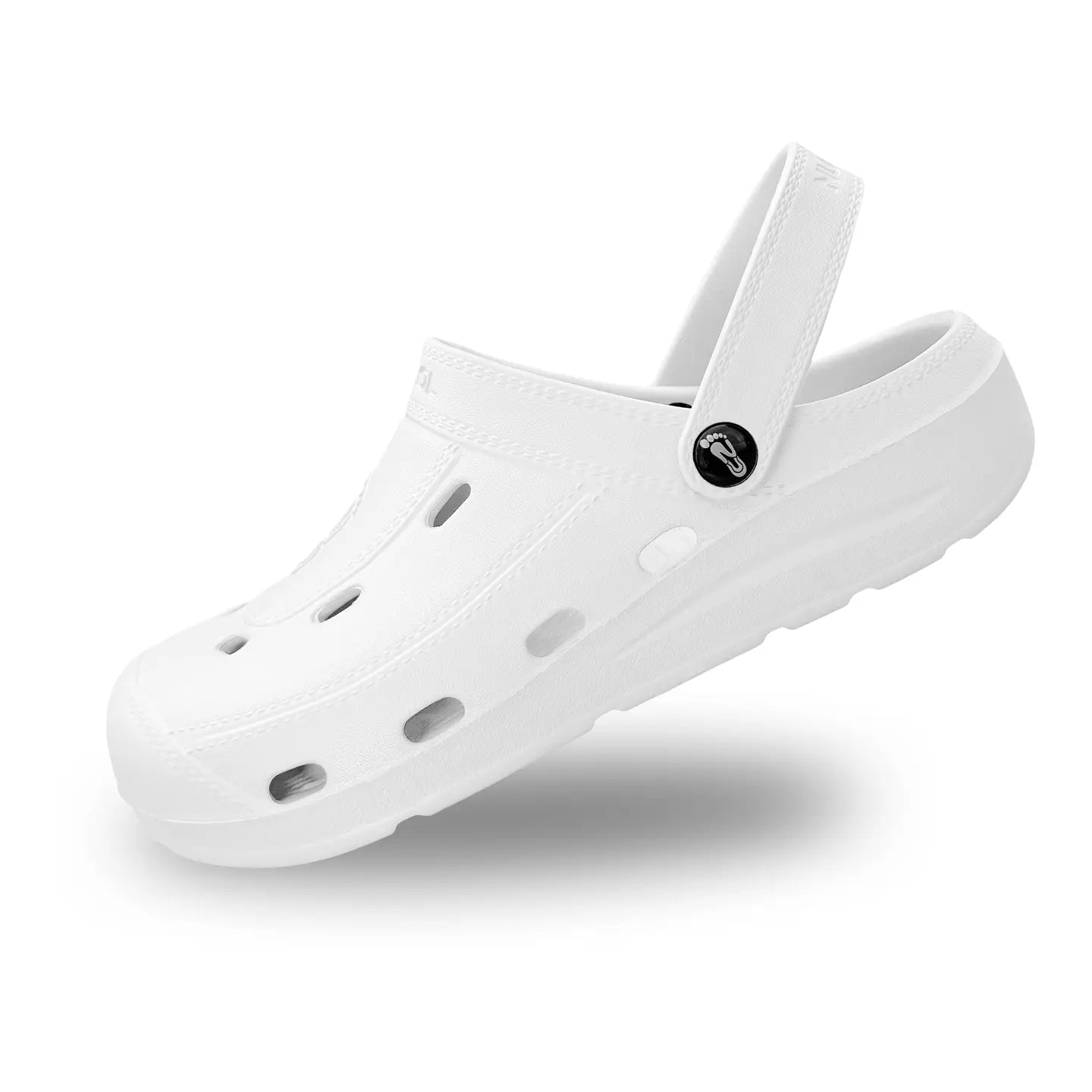 A single white molded clog-style shoe with multiple ventilation holes and a small black circular logo detail on the strap, shown on a clean white background.