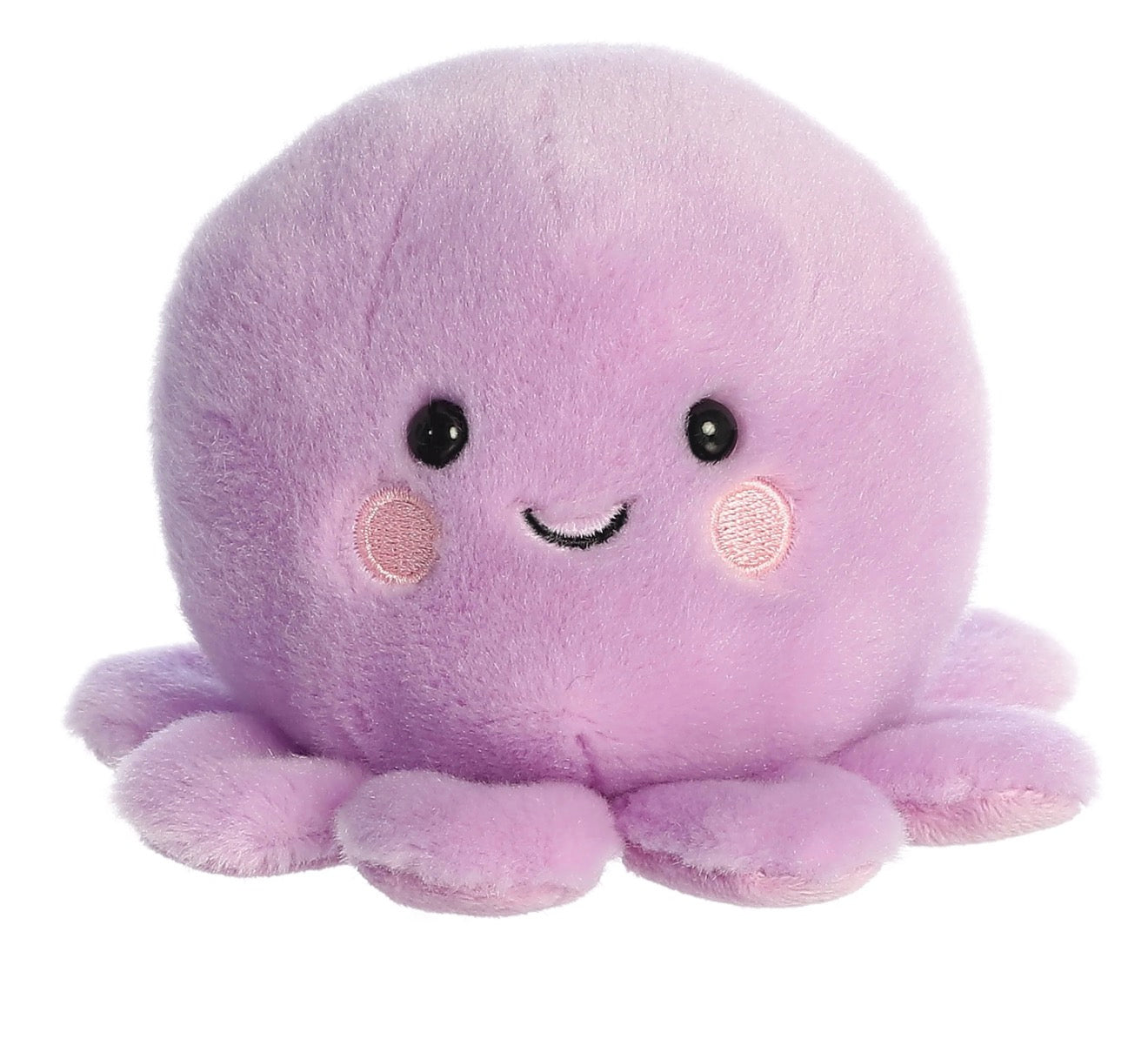 A cute, round purple plush octopus toy with embroidered black eyes, a smiling mouth, pink cheek circles, and soft tentacles, shown on a plain white background.