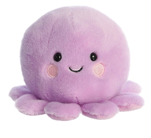 A cute, round purple plush octopus toy with embroidered black eyes, a smiling mouth, pink cheek circles, and soft tentacles, shown on a plain white background.