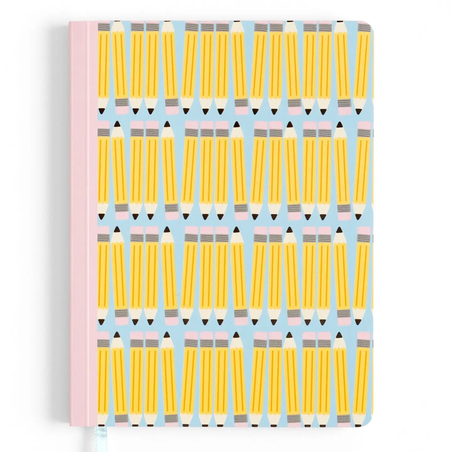 A hardcover notebook with a pastel pink cover and a light blue front cover decorated with a repeating pattern of yellow pencils. A small white ribbon bookmark is visible at the bottom.