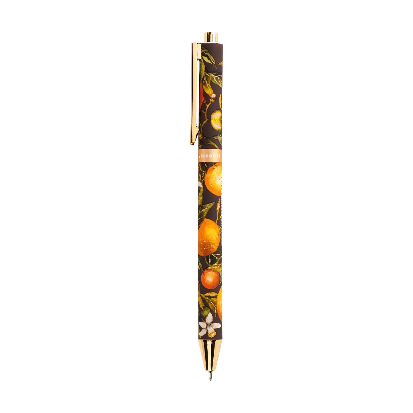 Pen with a decorative design of oranges and leaves on a white background
