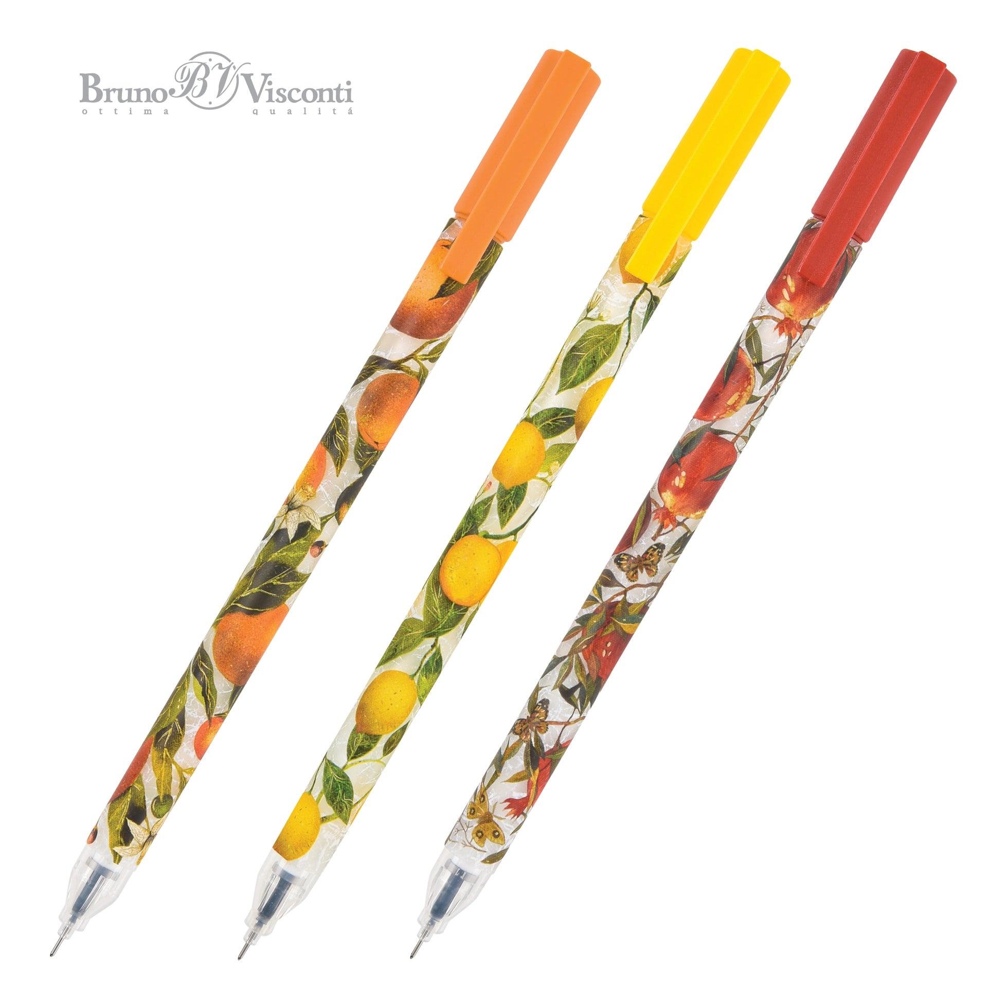 Three pens with colorful designs on a white background, featuring the brand 'Bruno Visconti'.