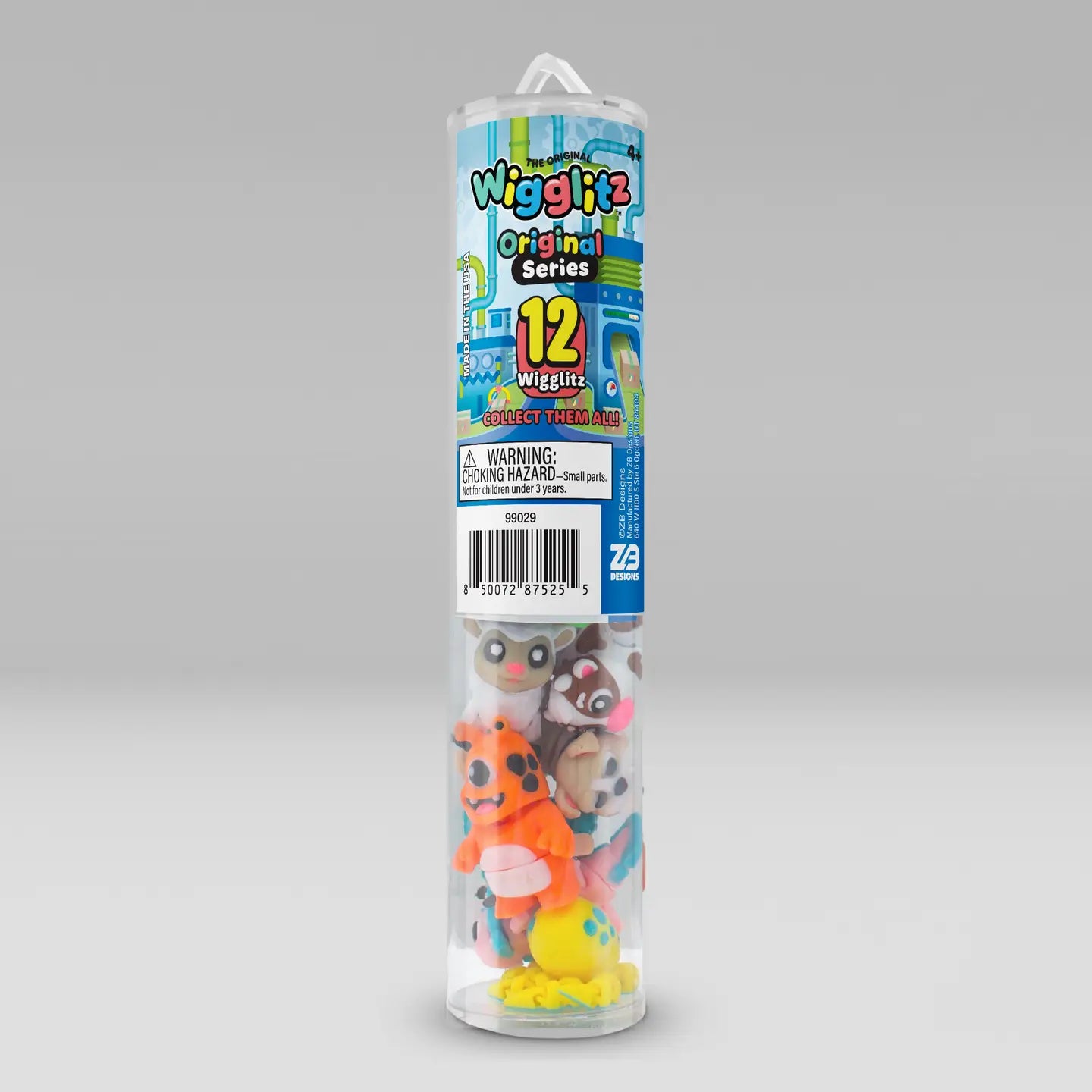 A clear plastic cylindrical container holding a 12-piece set of Wiggly-12 Original Series magnetic animal figures, with a colorful printed label on a neutral gray background.