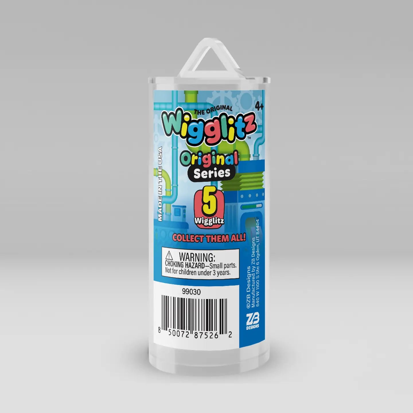 A clear plastic cylindrical storage container for a toy set, featuring a colorful printed label for 'The Original Wigglitz Original Series 5 Wiggles'. The container has a white plastic hanger tab at the top and a barcode label near the bottom, set against a neutral gray gradient background.