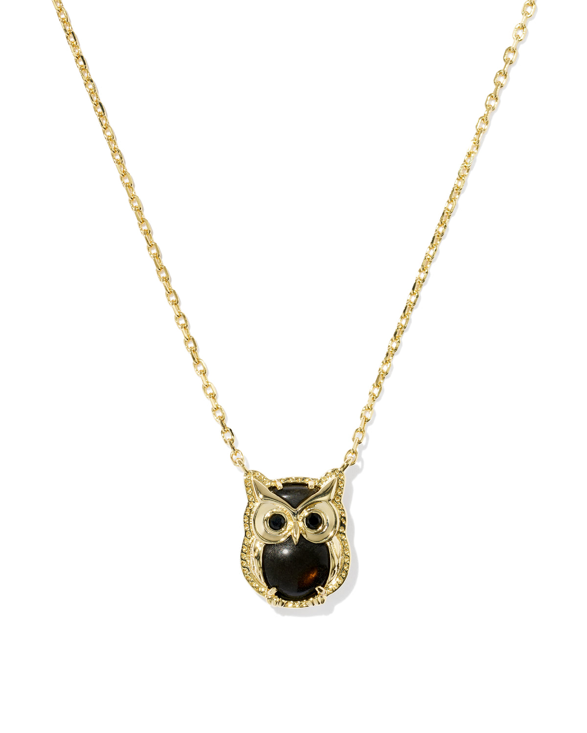A gold chain necklace featuring an owl pendant with a dark brown textured center and gold eye details, shown against a plain white background.