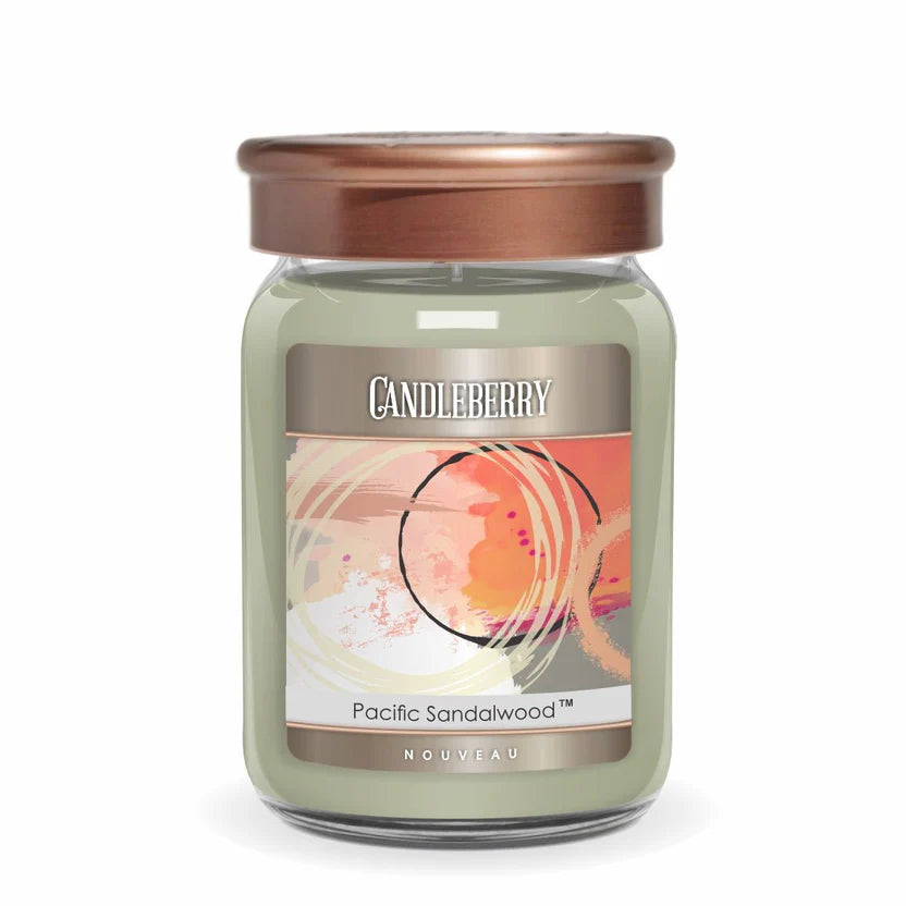 A green-colored candle in a clear glass jar with a brown lid, labeled 'Candleberry Pacific Sandalwood'.