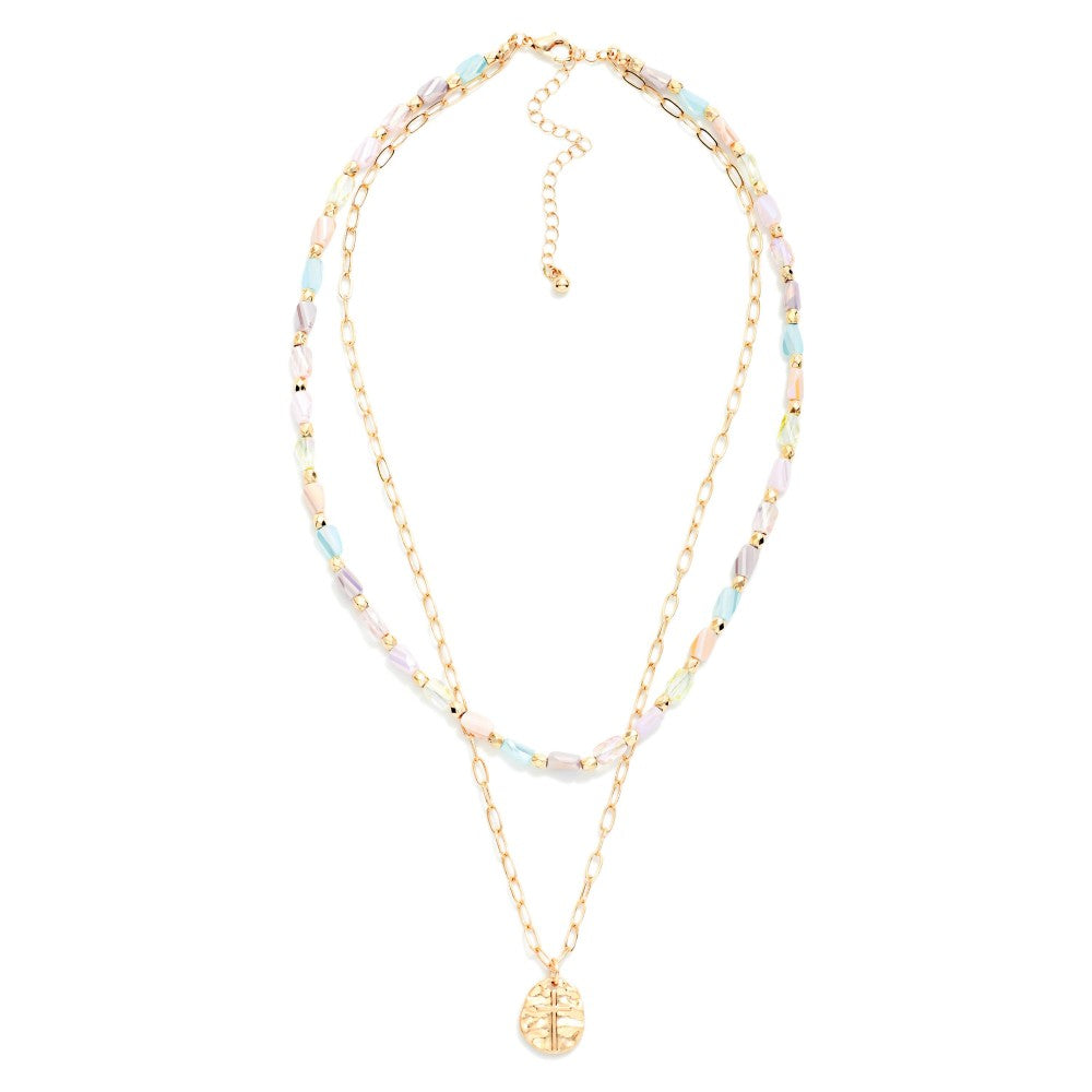 Layered Beaded & Chain Link Necklace Featuring Hammered Metal & Cross Pendant on a white background 