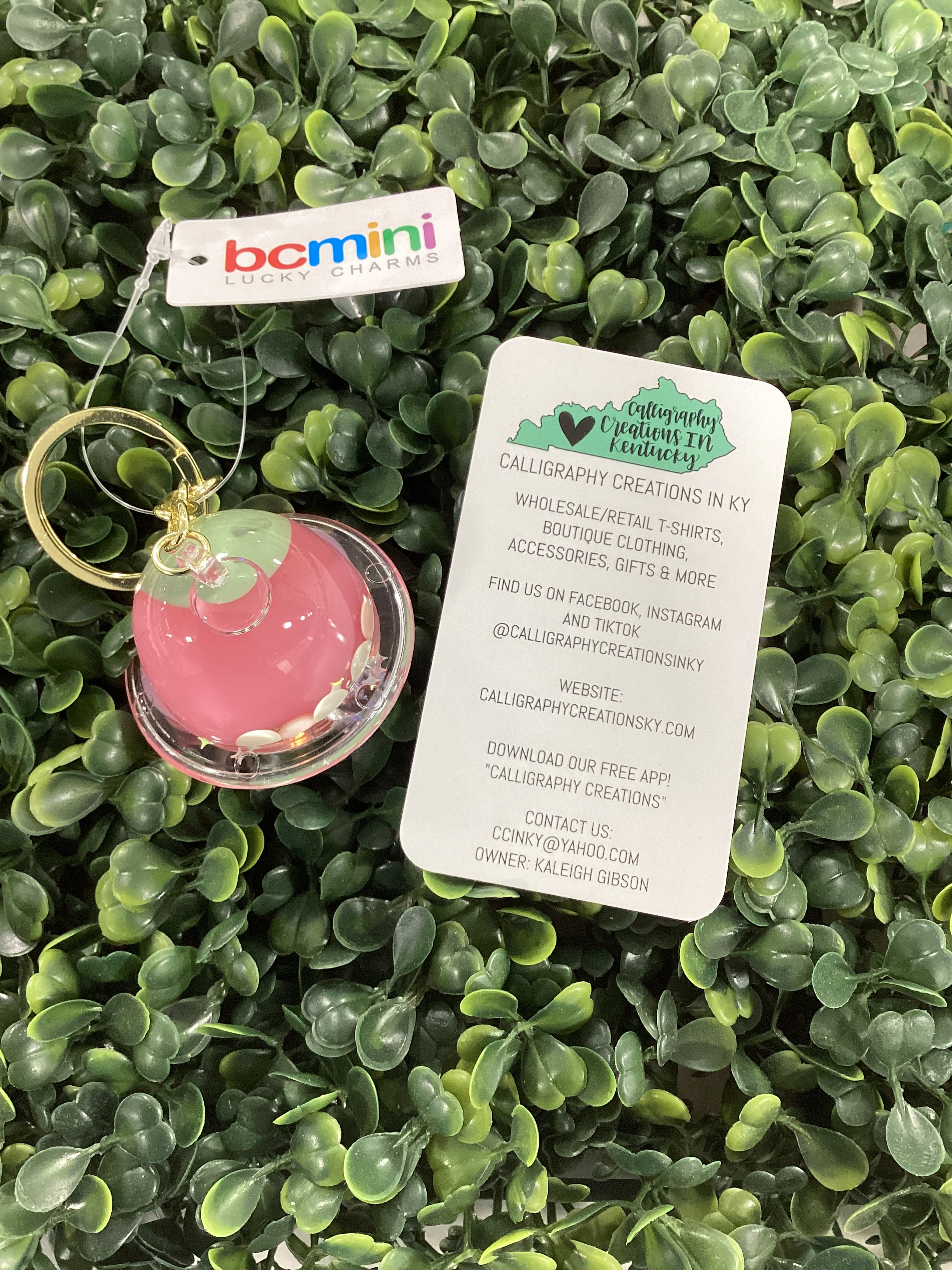 Small dome keychain with green cat, a white label, and a small white box on green leafy background