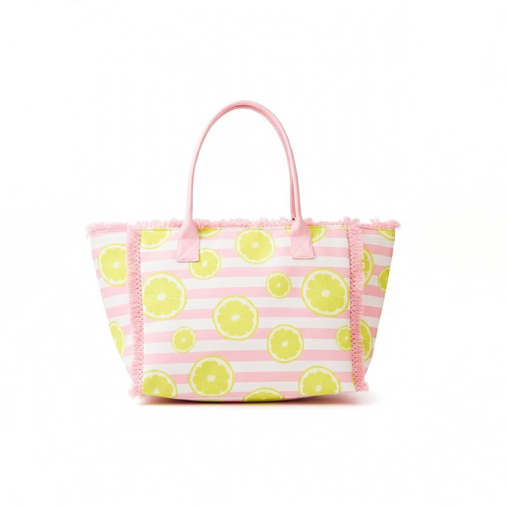 Pink and white striped tote bag with lemon pattern on a white background