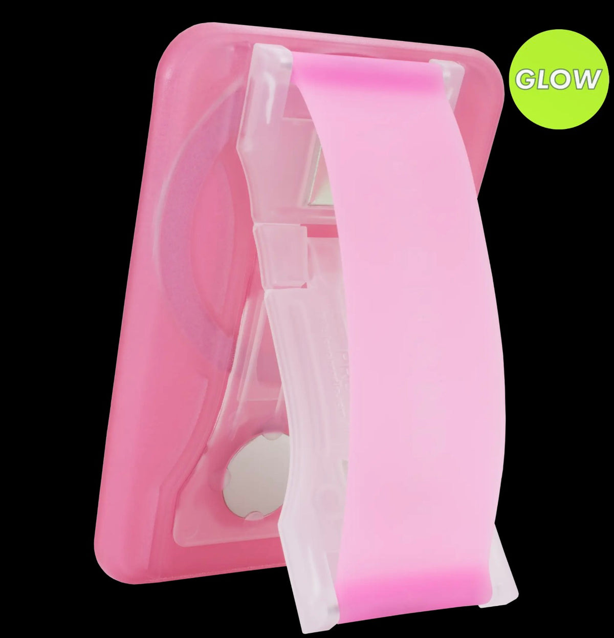 A pink translucent Pink Pop Glow LoveHandle Pro & Magsafe Adapter Combo  shown against a black background with a green circular 'GLOW' badge in the top right.