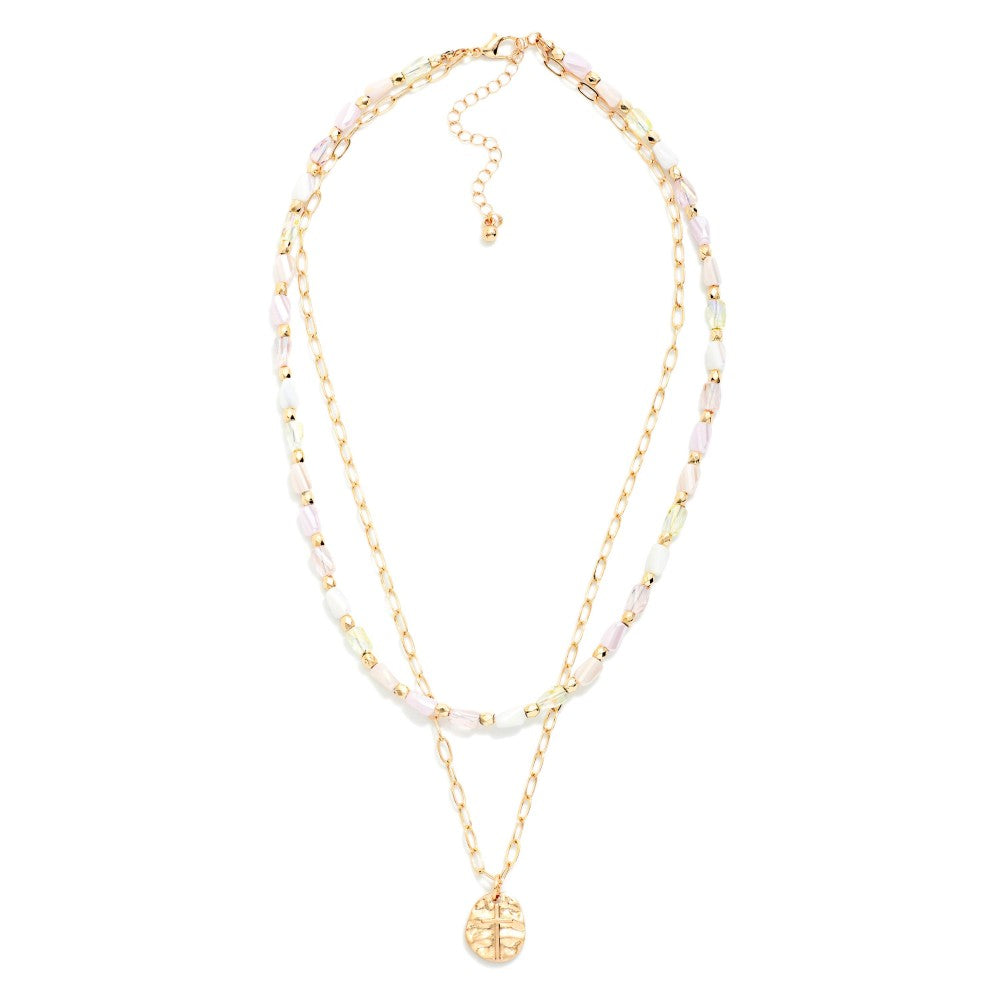 Layered Beaded & Chain Link Necklace Featuring Hammered Metal & Cross Pendant on a white background 