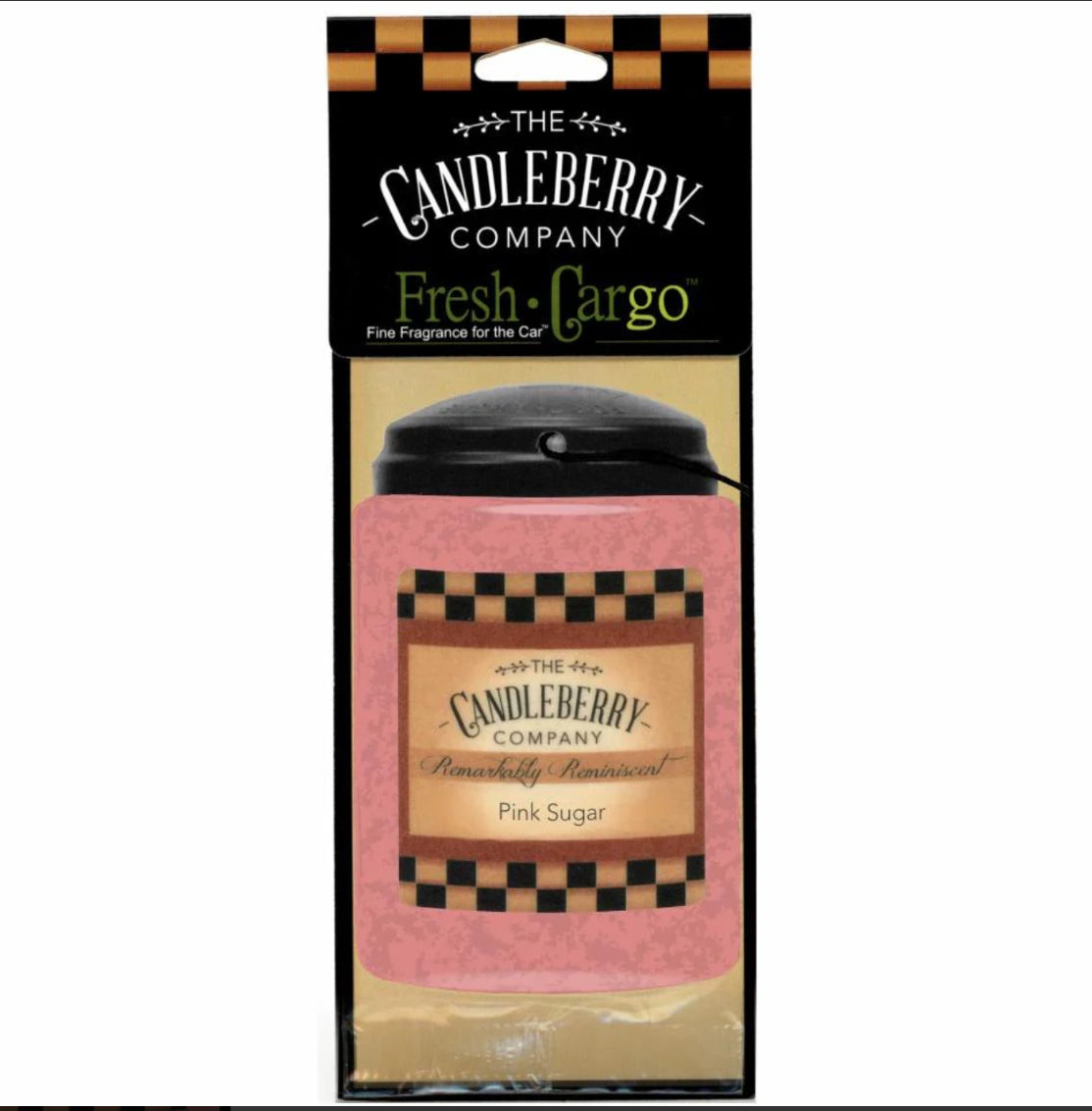 A package of Candleberry Fresh CarGo car scent with a pink sugar fragrance, featuring the Candleberry logo and product information.