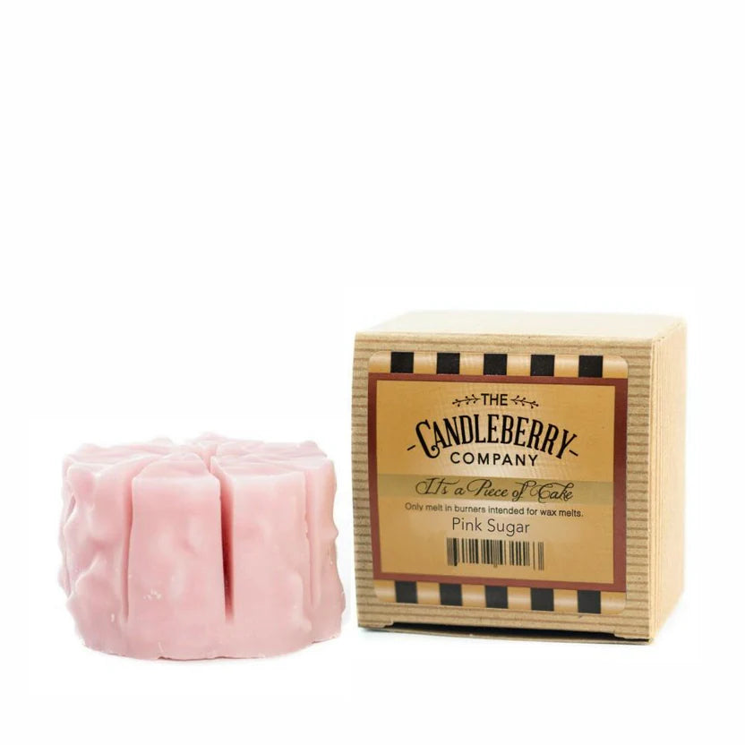 A package of pink wax tarts next to its packaging box with 'Candleberry Company' branding.