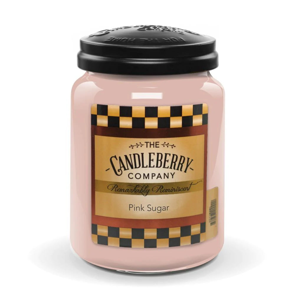 A large jar candle with a black lid, pink wax, and a label that reads 'Pink Sugar' from The Candleberry Company.