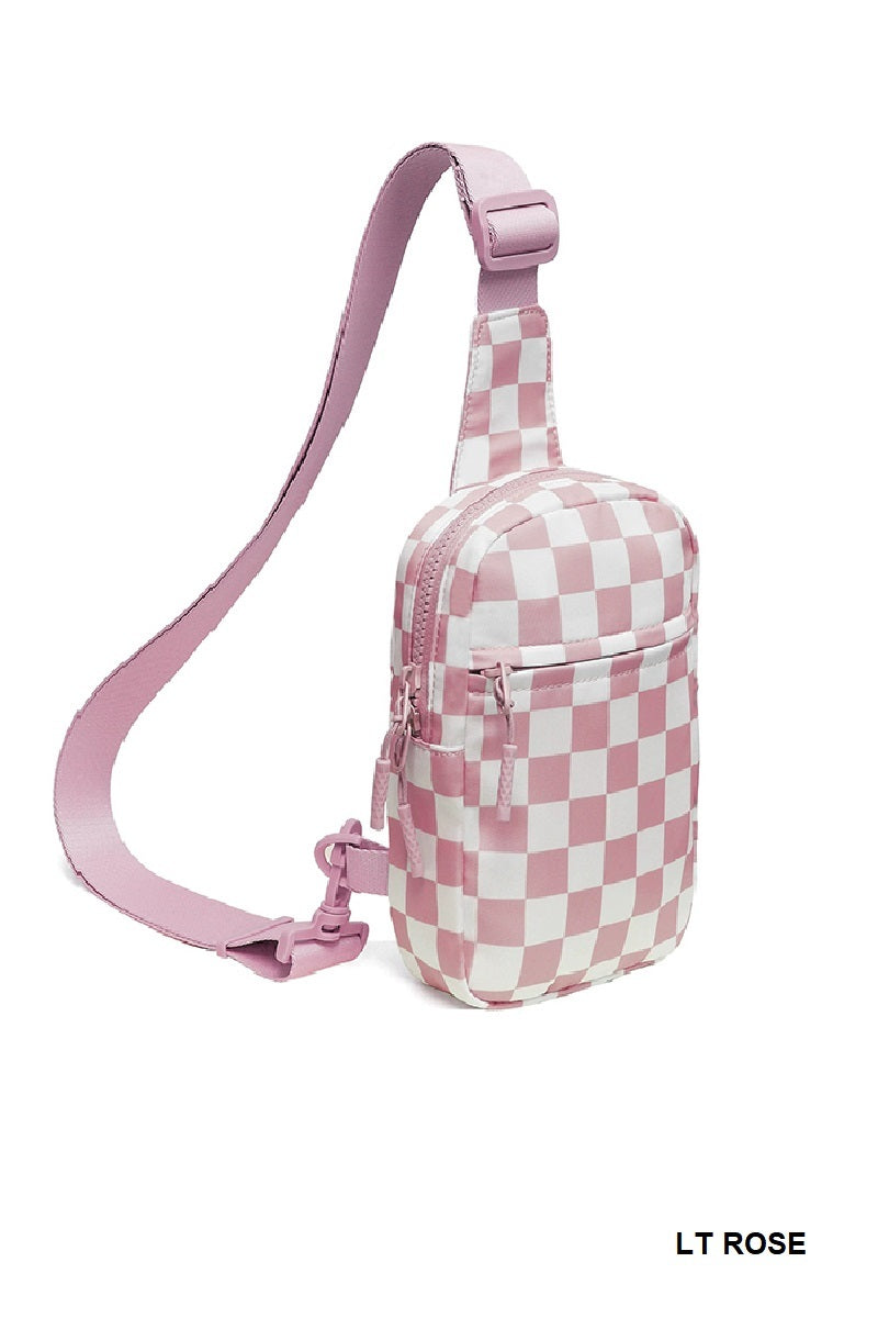 White and pink checkered sling back on a white background