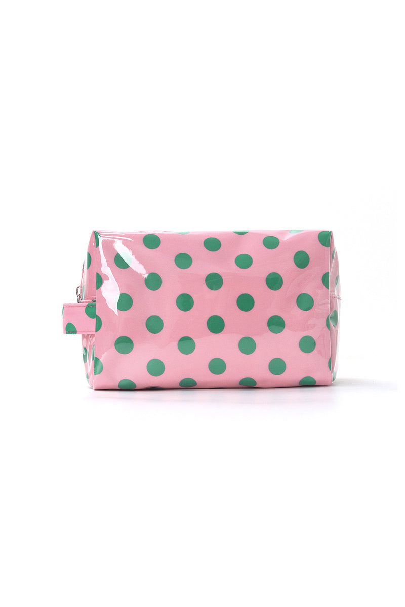 Pink and green polka dot zipper pouch on a white background