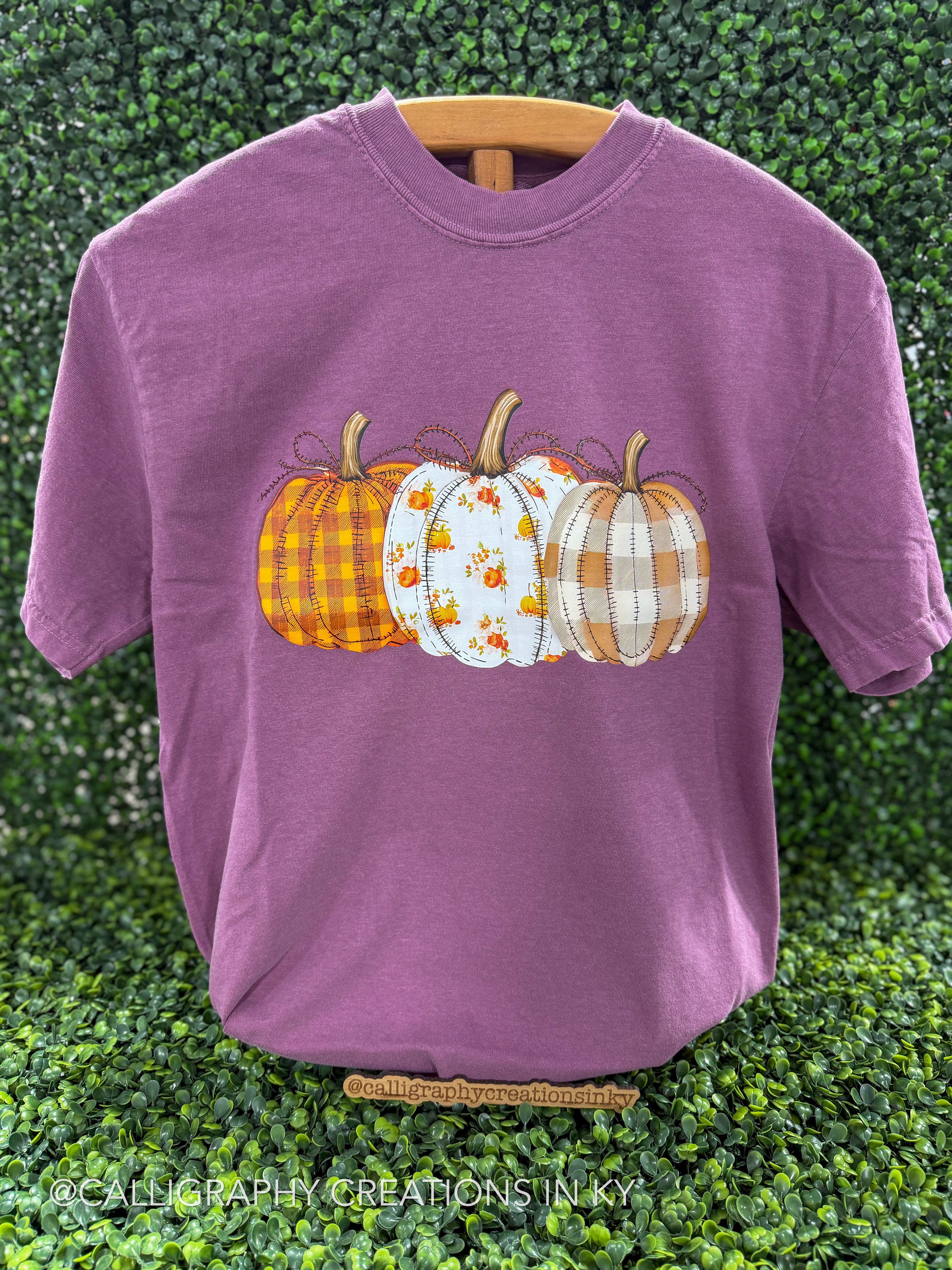 Picture of a Plaid Pumpkin Trio CC Tee with a faux grass background
