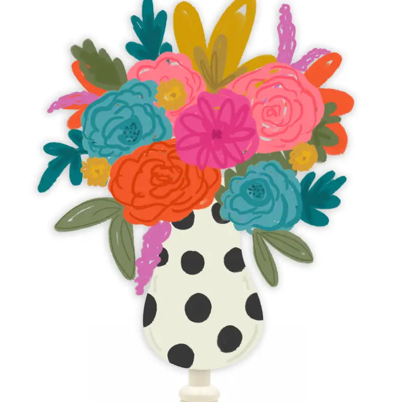 Multi color flower vase design printed on wood and is a wooden topper, fitted on a stand from Doodles By Rebekah, with a white background.