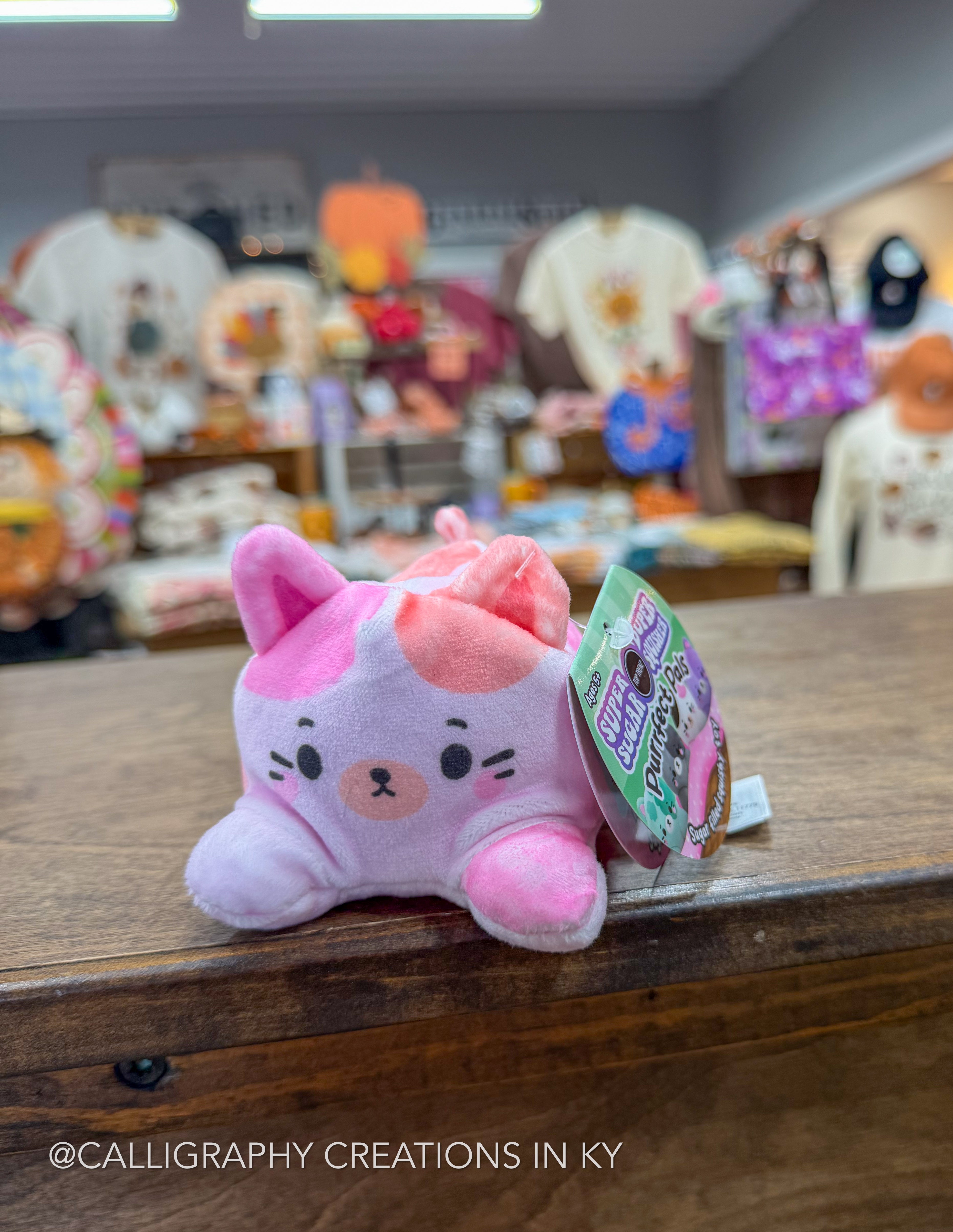 A small pink plush toy with a bow on its head sits on a wooden counter in a retail store. The plush has a white face, black whiskers, and a green and pink hangtag attached.