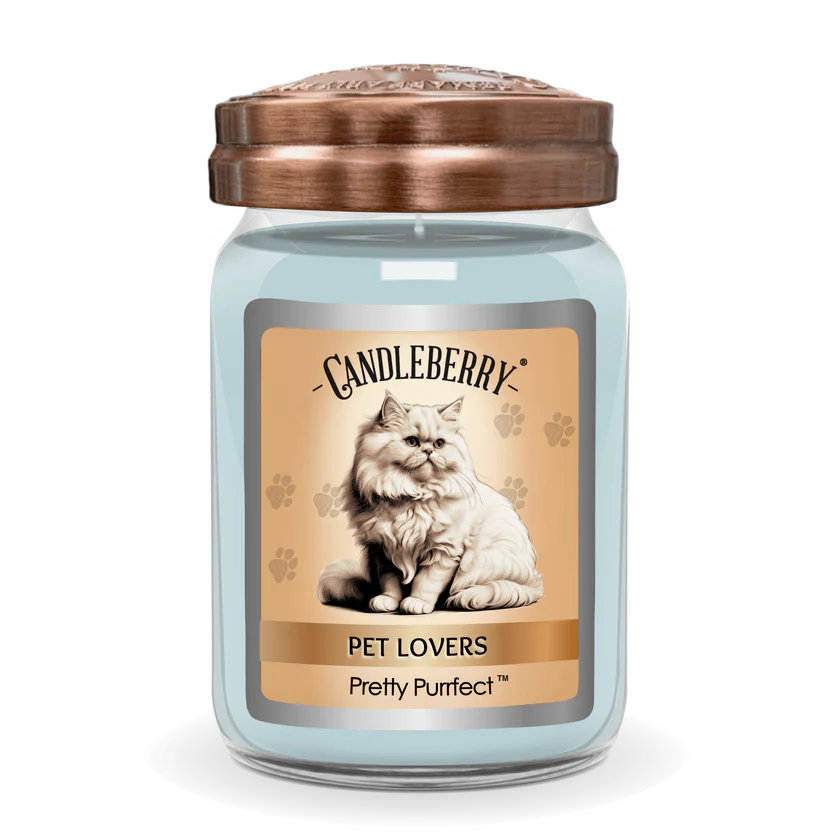 A jar candle with a blue tint and a picture of a cat on the label, titled 'PET LOVERS Pretty Purfect'.