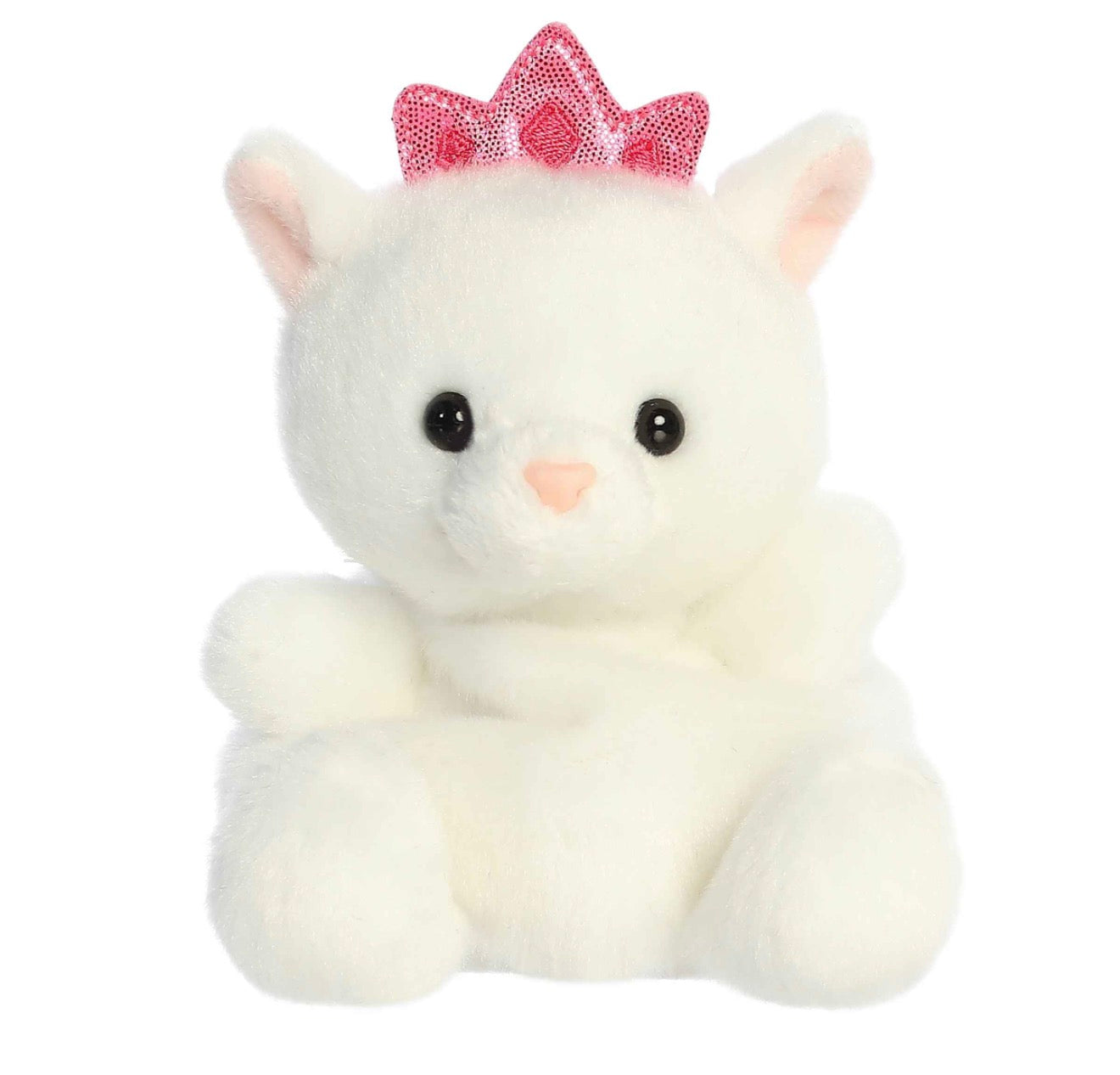 A white plush kitten toy with black bead eyes, a small pink nose, and a pink glittery crown on its head, shown against a plain white background.