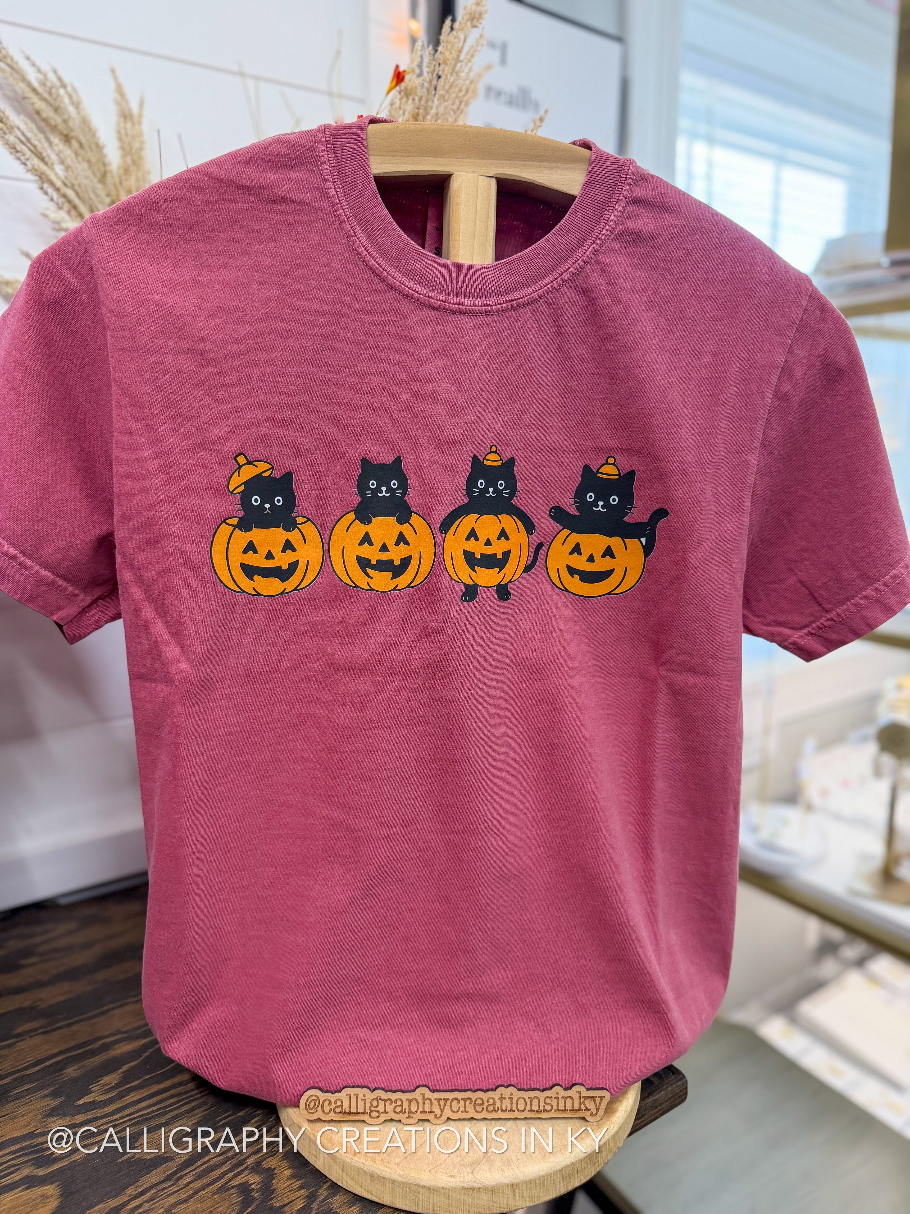 A brick short-sleeve t-shirt displayed on a wooden hanger. The front of the shirt features a graphic of four black cats sitting on top of orange jack-o'-lantern pumpkins.