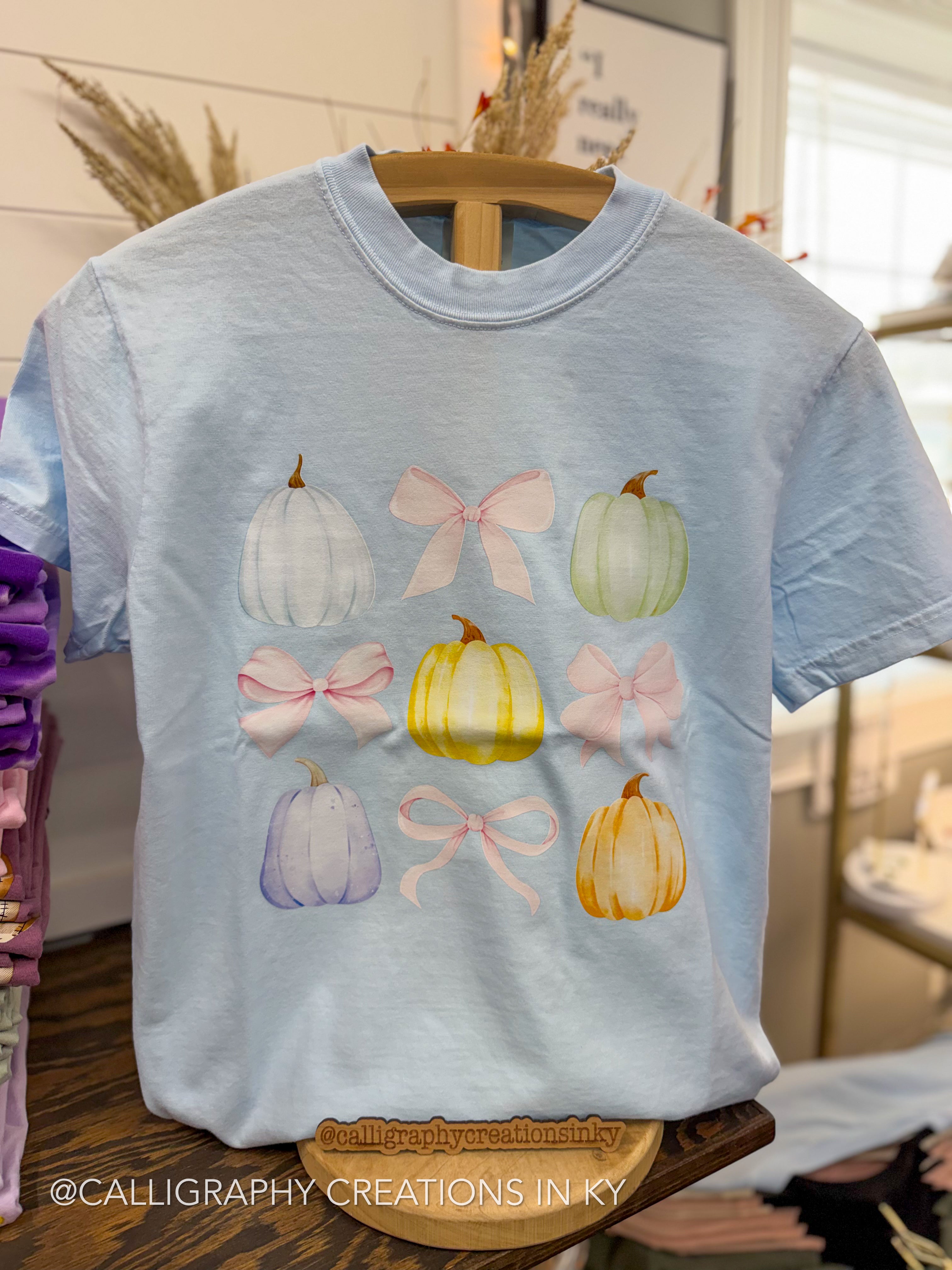A light blue short-sleeve t-shirt on a wooden hanger, featuring a watercolor-style graphic of nine pumpkins and bows in pastel colors. The background shows a softly blurred boutique interior.
