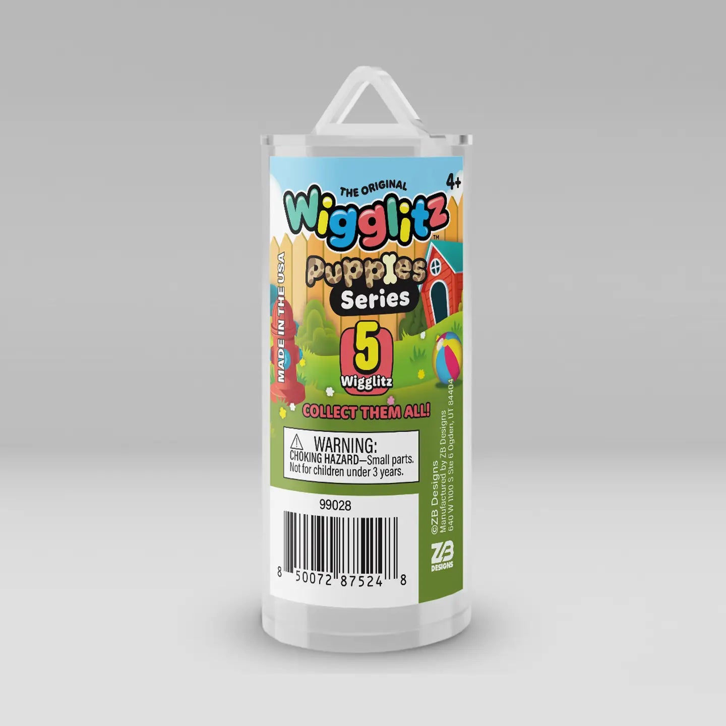 A cylindrical plastic package for Wiggliz Puppies Series 5, containing 5 wiggly toys. The packaging features a colorful label with cartoon graphics of a farm and a white plastic hanging loop at the top, set against a neutral gray background.