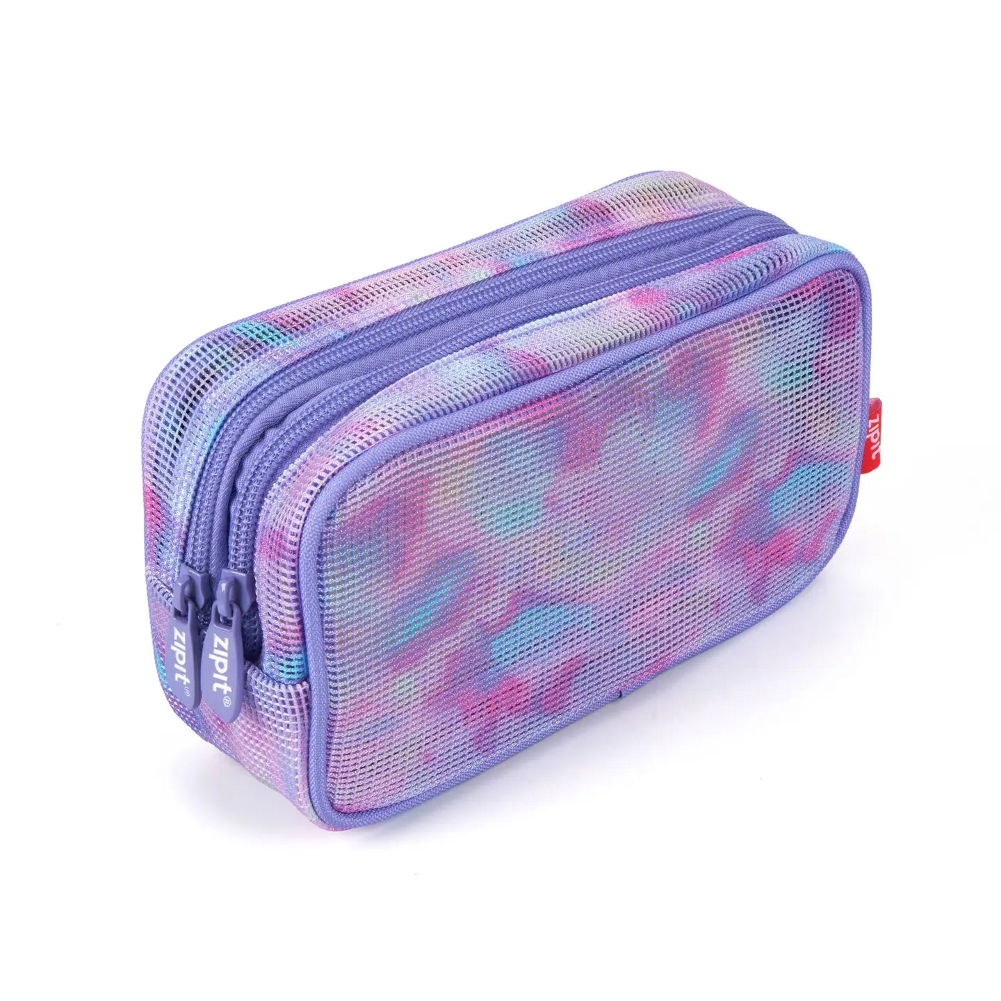 A rectangular mesh pencil case with a pastel tie-dye pattern in purple, pink, and blue, featuring dual zippers and a small red brand tag on the side.