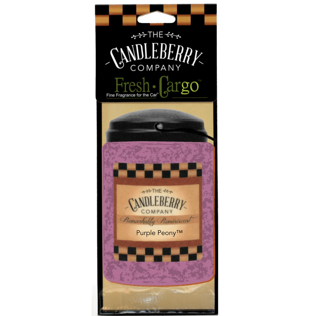 Candleberry Company Purple Peony car air freshener packaging on a white background