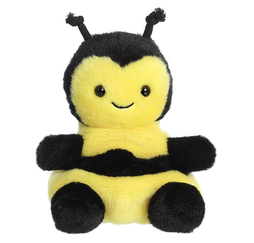 A cute, soft plush toy bumblebee with a yellow and black fuzzy body, smiling face, and black antennae, set against a solid white background.