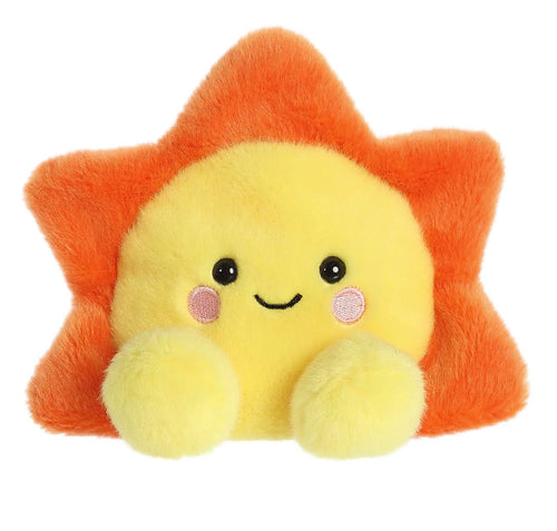 A cute yellow plush sun toy with an orange fluffy star-shaped body, smiling face, and pink cheeks on a plain white background.