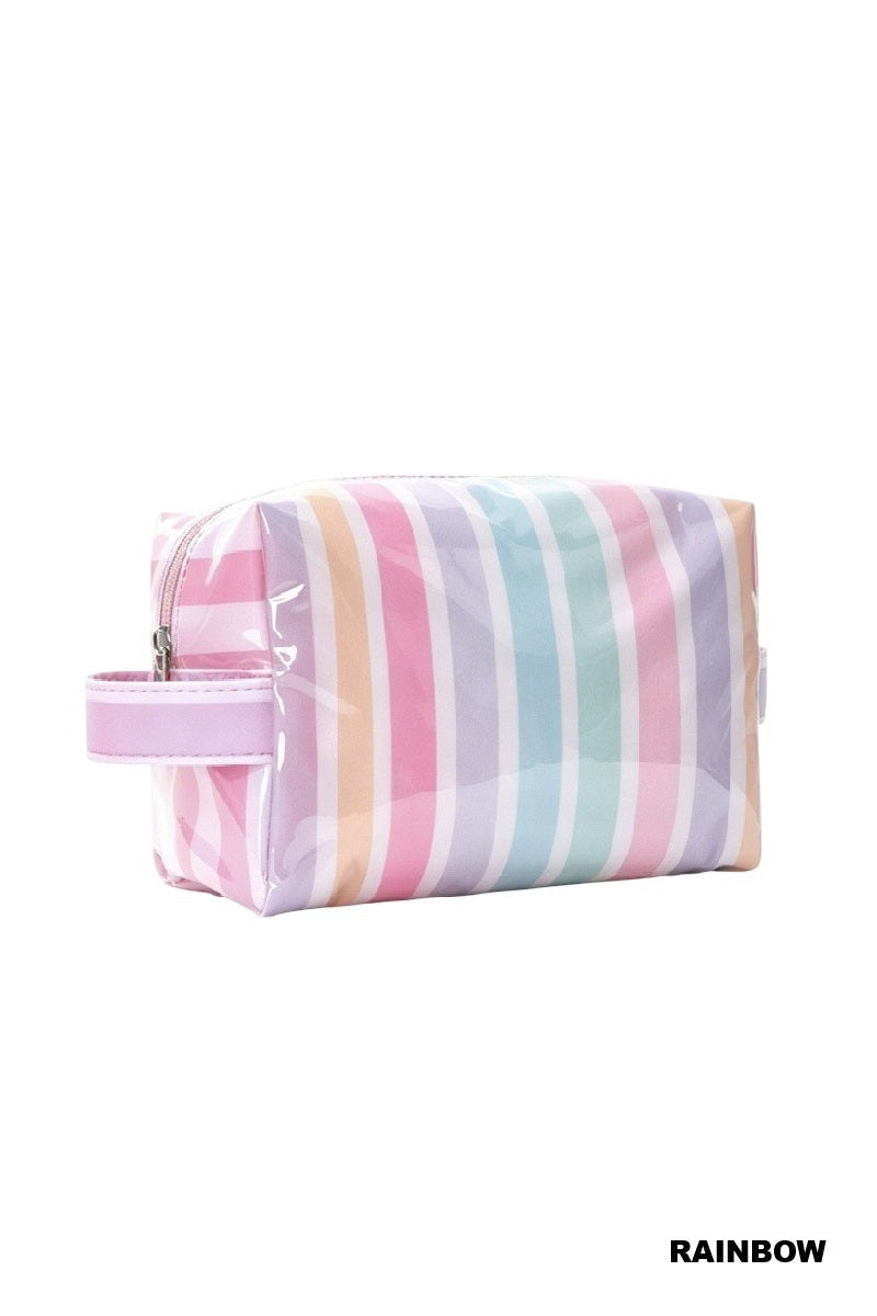 Rainbow striped zipper pouch on a white background