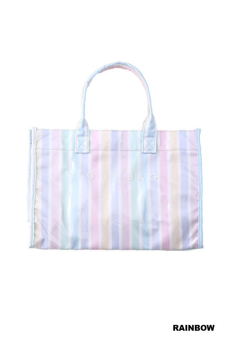 Rainbow striped tote bag on a white background