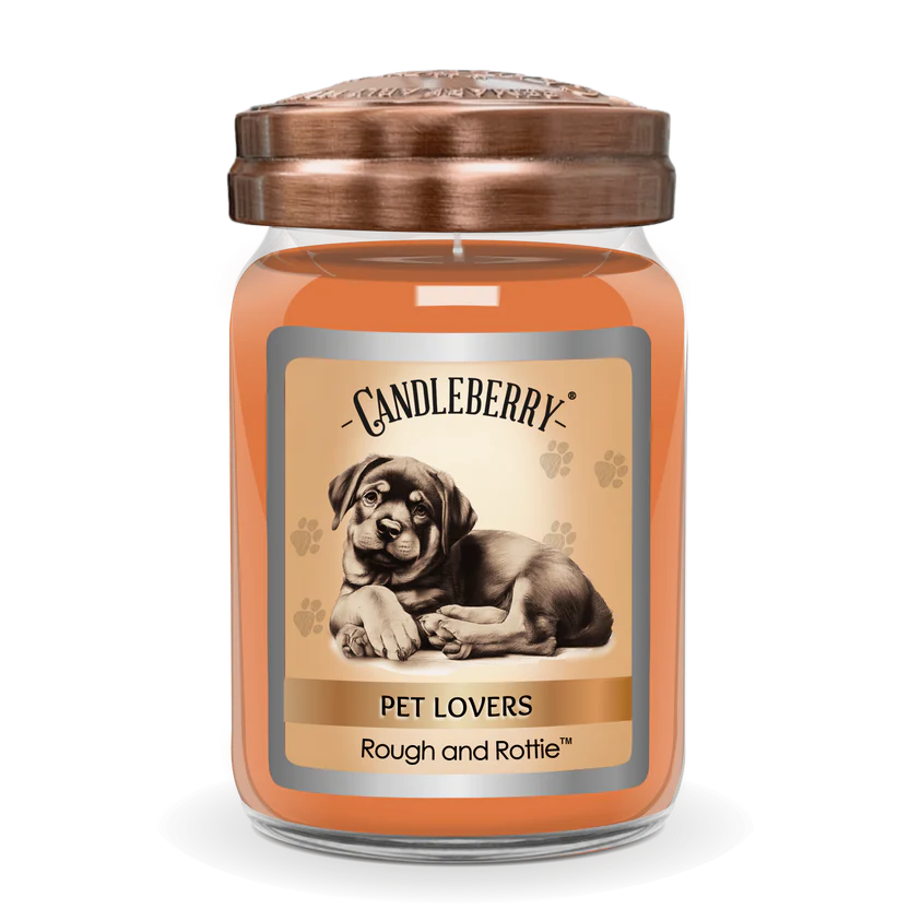 A jar candle with a brown lid, featuring a label with a puppy and the brand 'Candleberry', under the product name 'PET LOVERS Rough and Rottie'.