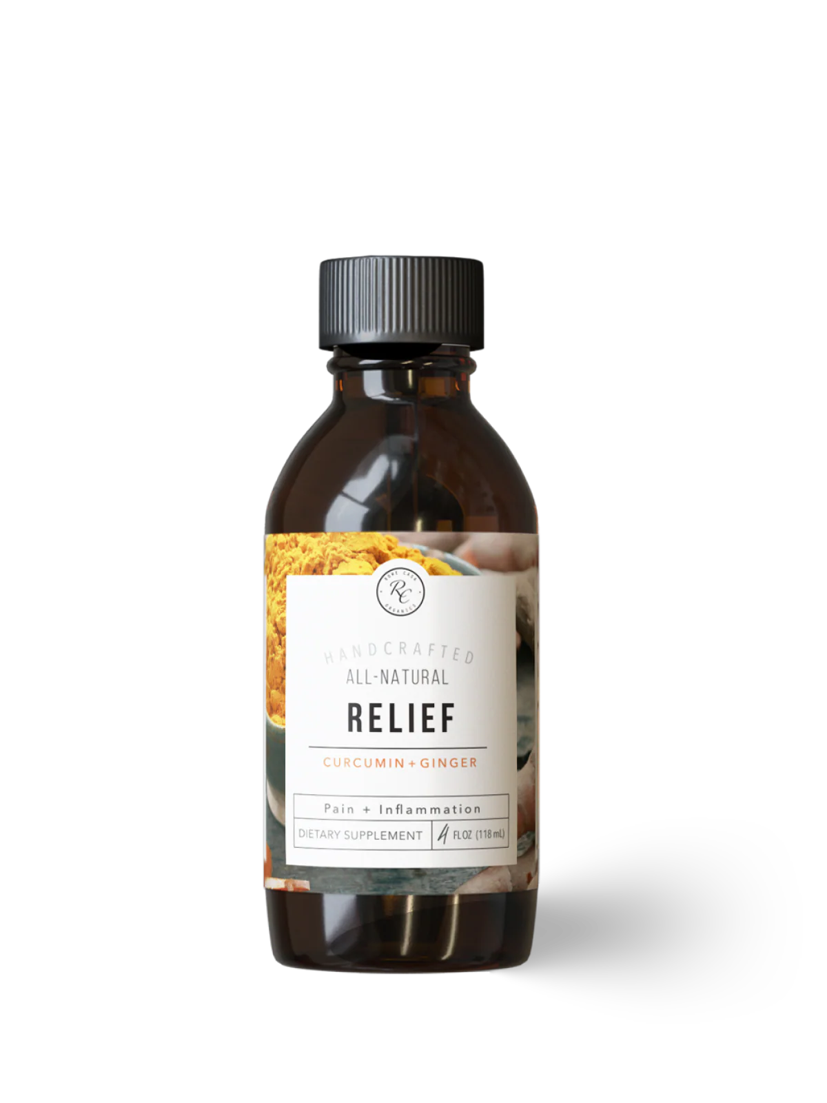 Bottle labeled 'Relief' with a white label on a white background