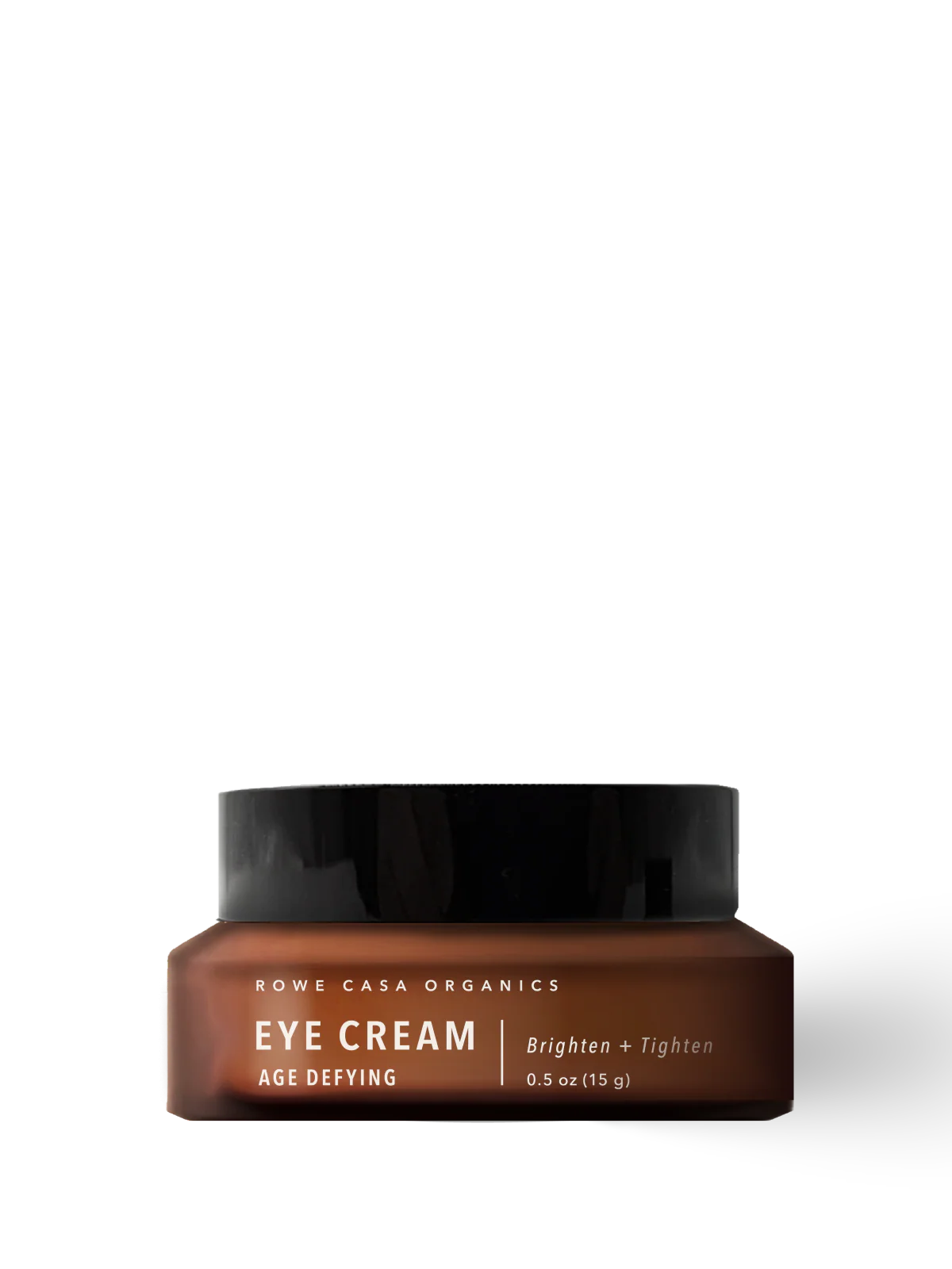 Brown jar of eye cream with black lid on a white background
