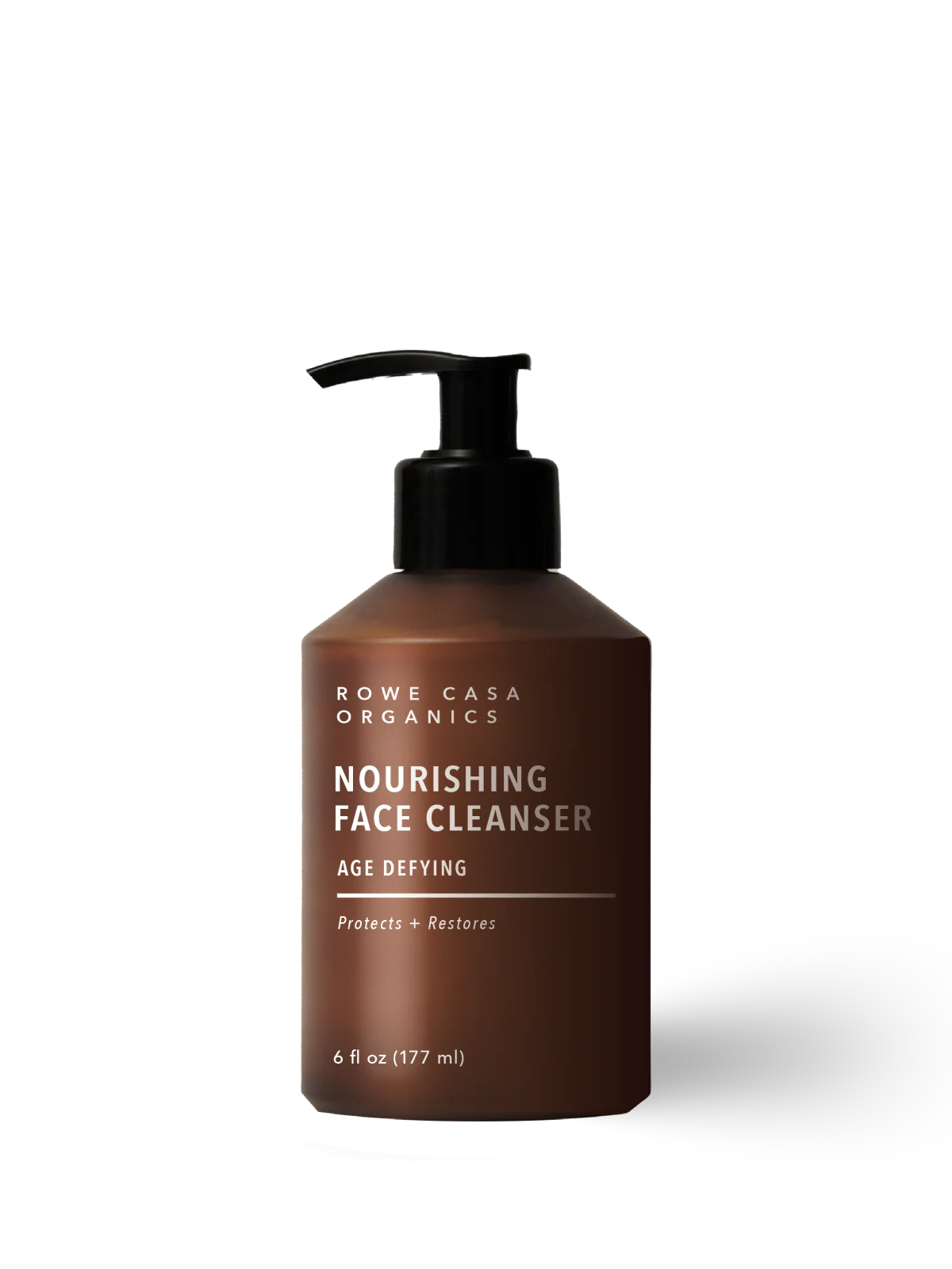 Brown bottle of Rowe Casa Organics Nourishing Face Cleanser on a white background