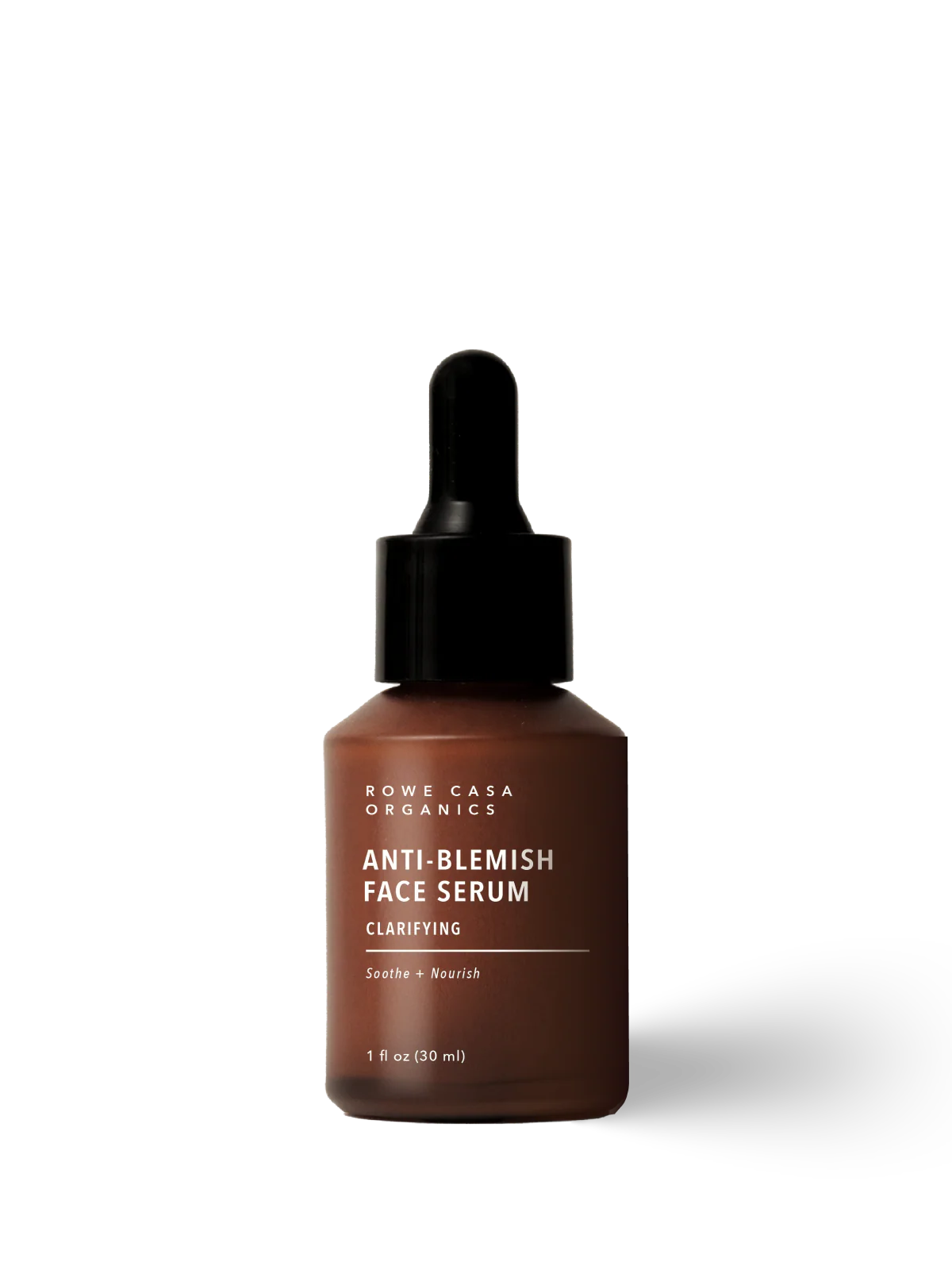 Brown bottle of Rowe Casa Organics Anti-Blemish Face Serum on a white background