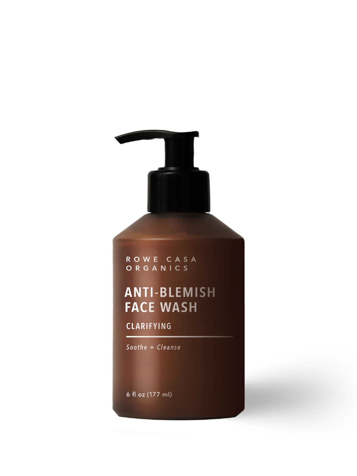 Brown bottle of Rowe Casa Organics Anti-Blemish Face Wash on a white background